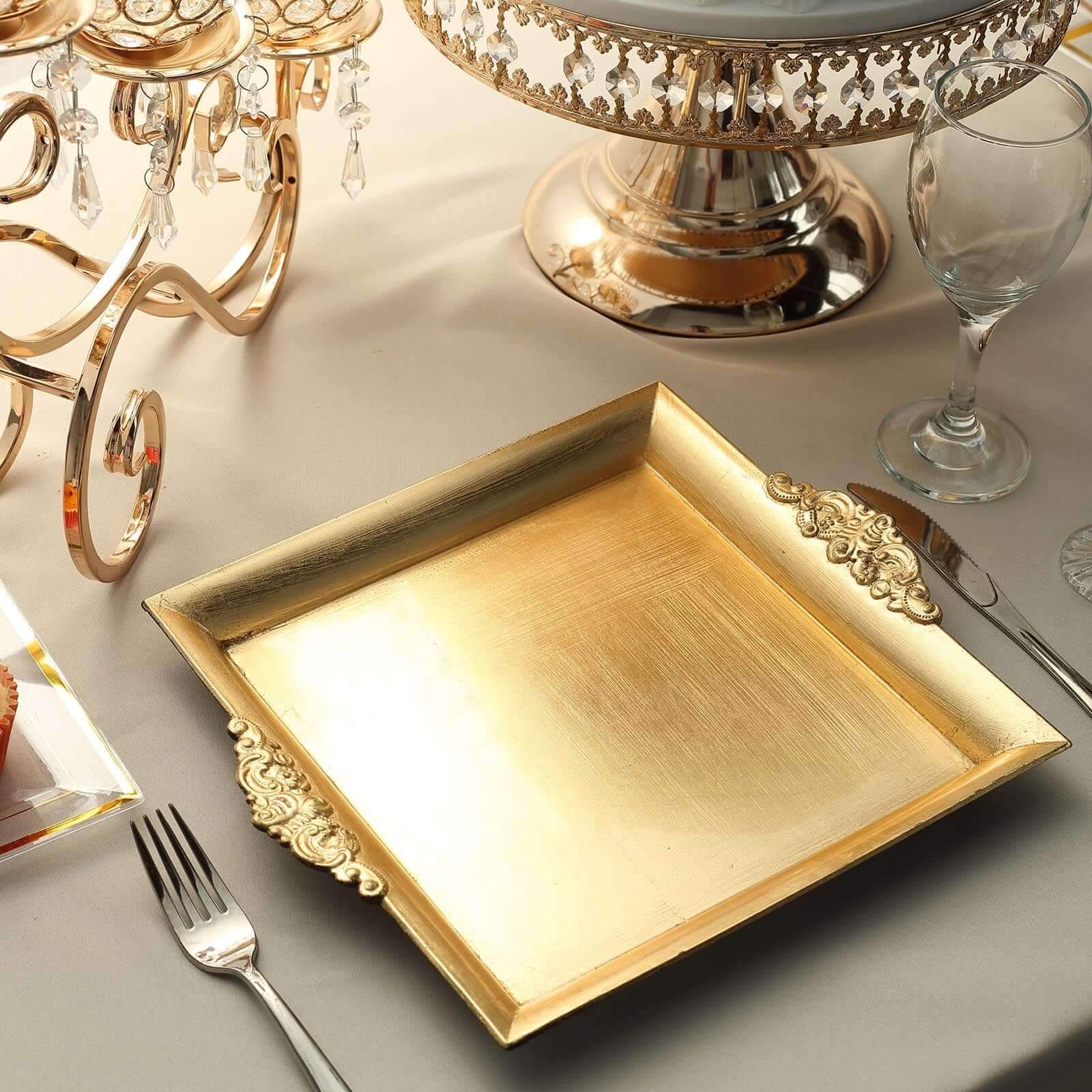 2-Pack Acrylic Square Serving Trays 10" in Metallic Gold with Embossed Handles, Decorative Dinner Party Food Platters
