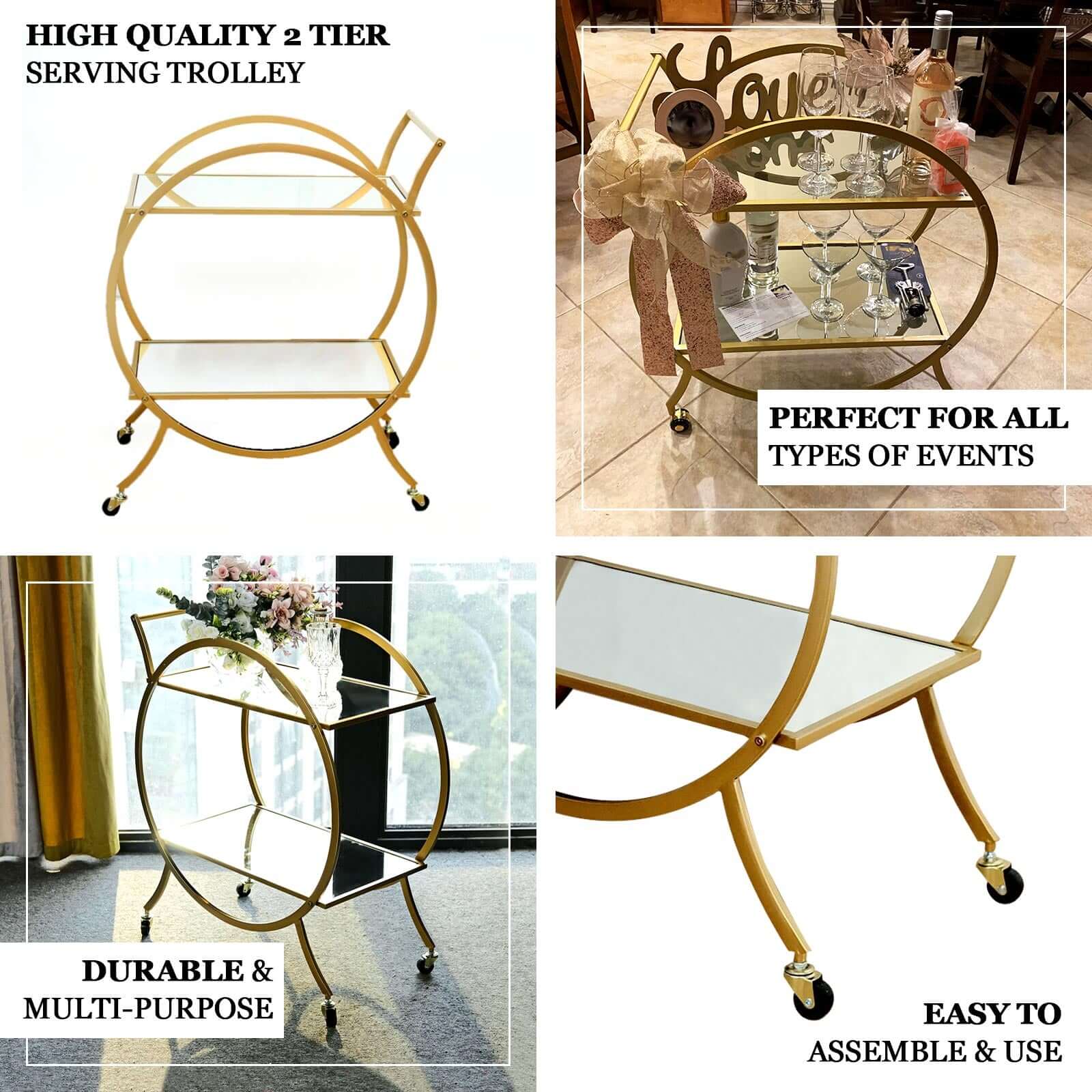 Gold Metal Bar Cart with Mirror Serving Tray 2-Tier - Round Teacart Island Trolley for Events 2.5ft