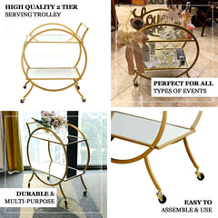 Gold Metal Bar Cart with Mirror Serving Tray 2-Tier - Round Teacart Island Trolley for Events 2.5ft