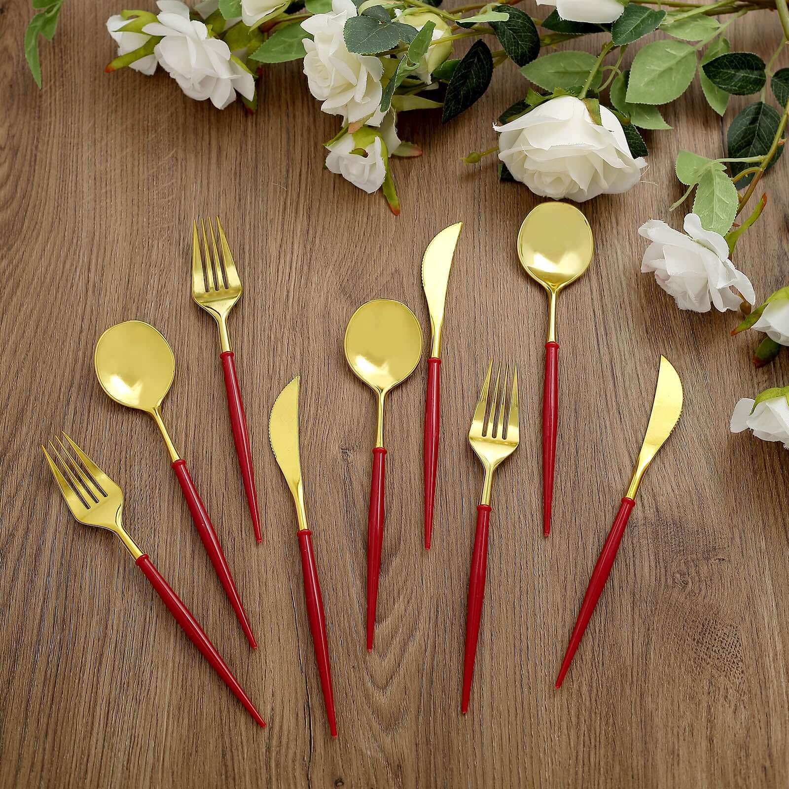 24-Pack Plastic Flatware Set in Metallic Gold with Red Handle - Heavy Duty Disposable Modern Silverware 8"