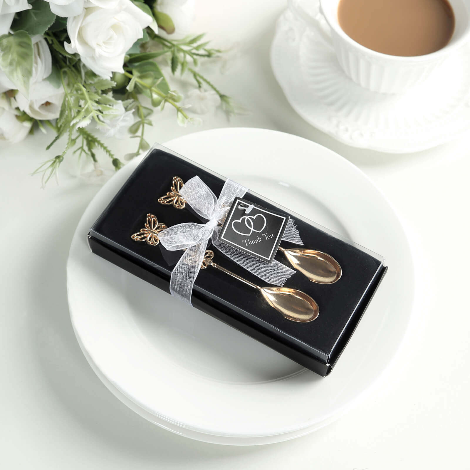 5 Pack Gold Metal Butterfly Handle Dessert Spoons in Clear Top Black Gift Box, Pre-Packed Mini Espresso Coffee Spoons Wedding Souvenir Gift with Thank You Tag and Ribbon - 4"