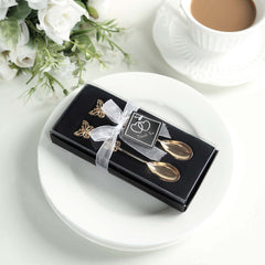 5 Pack Gold Metal Butterfly Handle Dessert Spoons in Clear Top Black Gift Box, Pre-Packed Mini Espresso Coffee Spoons Wedding Souvenir Gift with Thank You Tag and Ribbon - 4"