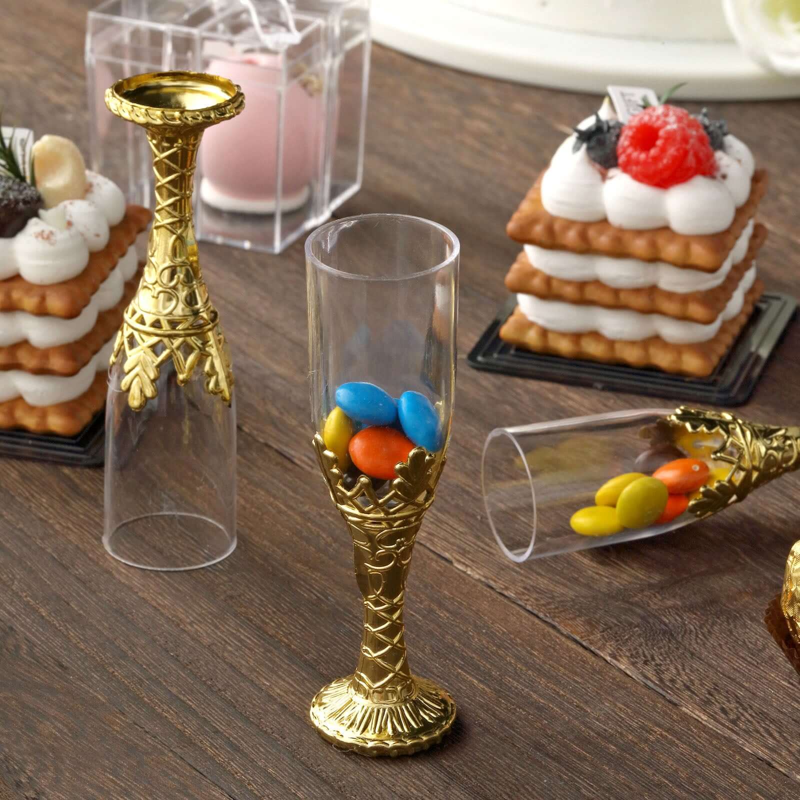 12-Pack Plastic Fillable Mini Candy Container in Champagne Bottle Style Clear Gold - Candy Treat Favor Boxes 4"