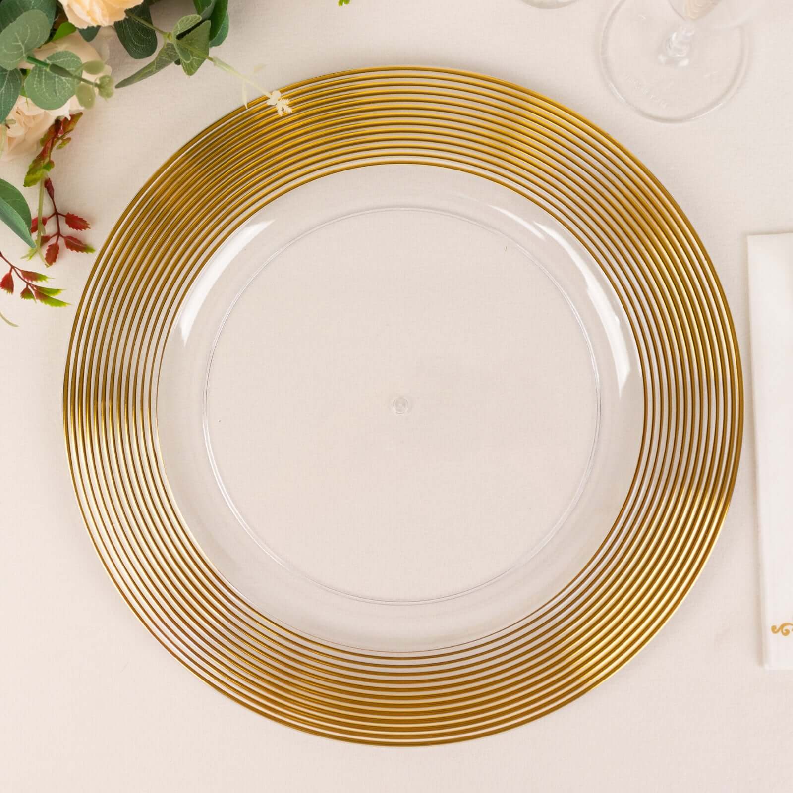 6-Pack Plastic Round Charger Plates 13" in Clear with Gold Lined Ring Rim, Classy Dinner Serving Plates