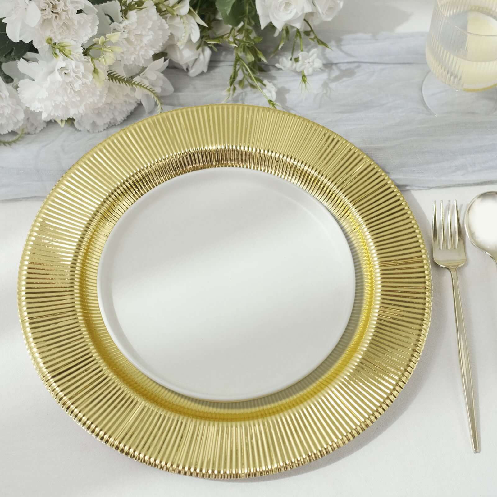 25-Pack Paper 10" Round Dinner Plates in Metallic Gold Sunray Design - Disposable Heavy Duty 350GSM Party Plates
