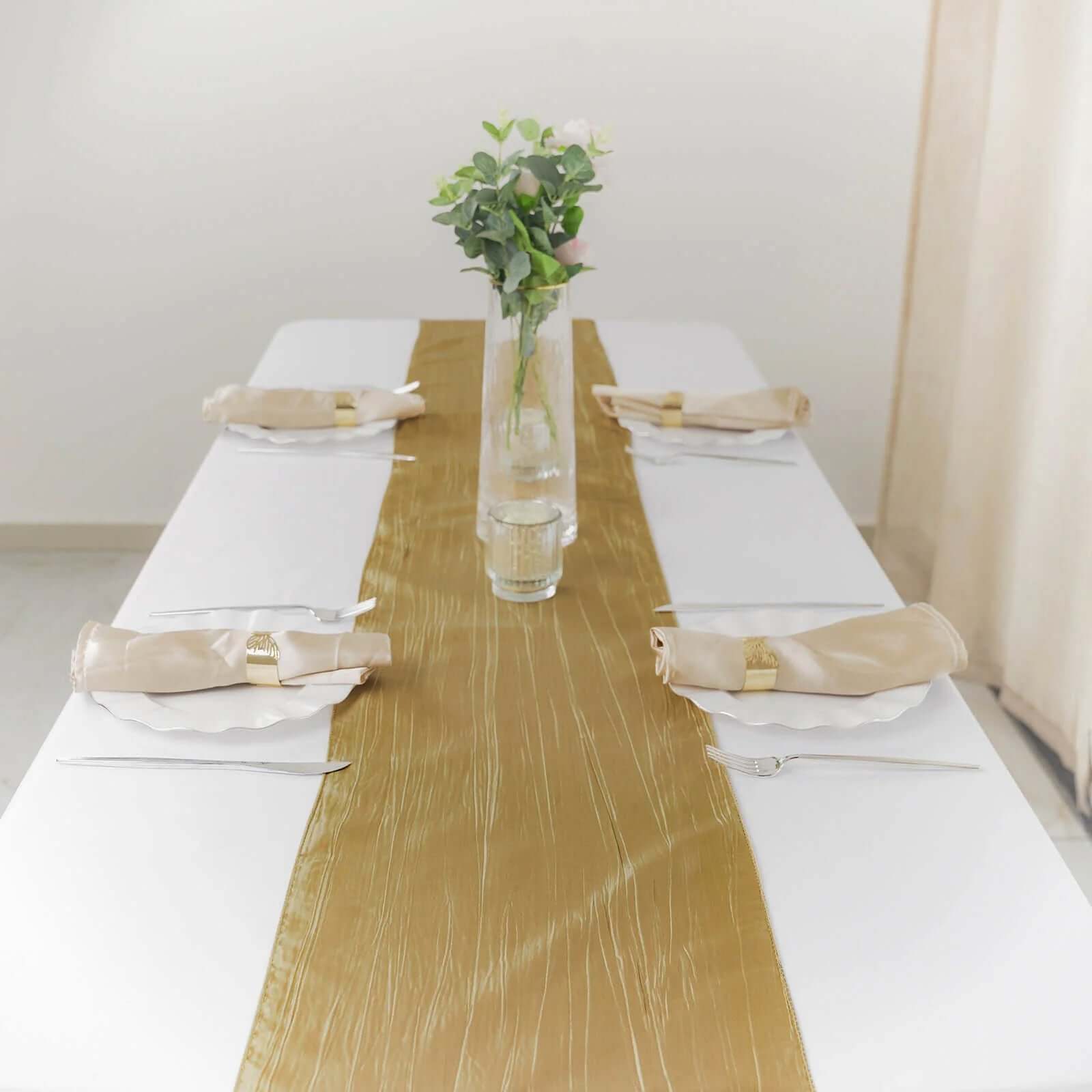 Taffeta 12"x108" Table Runner Gold - Accordion Crinkle Design for Modern Gatherings