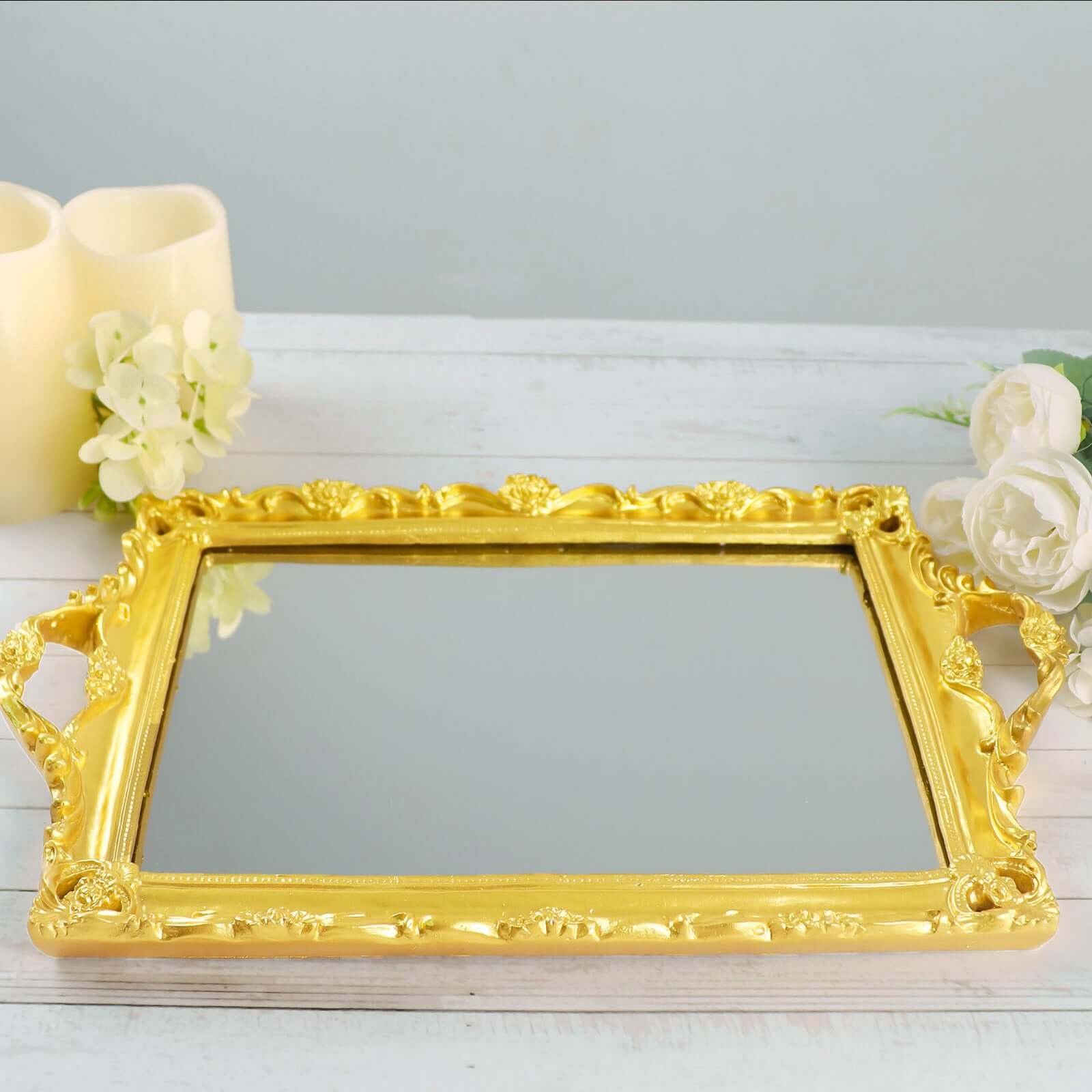 Resin Mirrored Rectangle Serving Tray 15"x10" in Metallic Gold with Baroque Design, Stylish Decorative Vanity Tray Centerpiece
