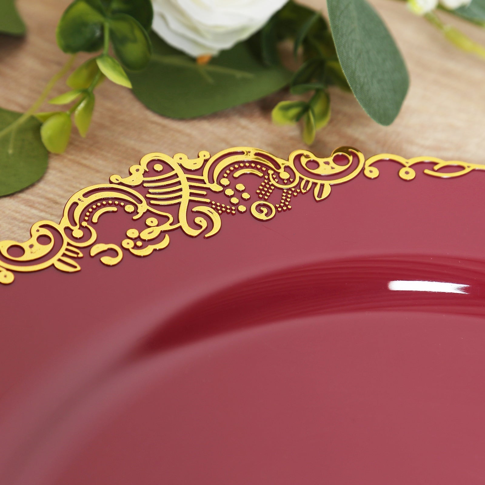 20-Pack Economy Plastic Round Charger Plates 13" in Burgundy with Gold Embossed Baroque Rim, Stylish Dinner Party Serving Plates