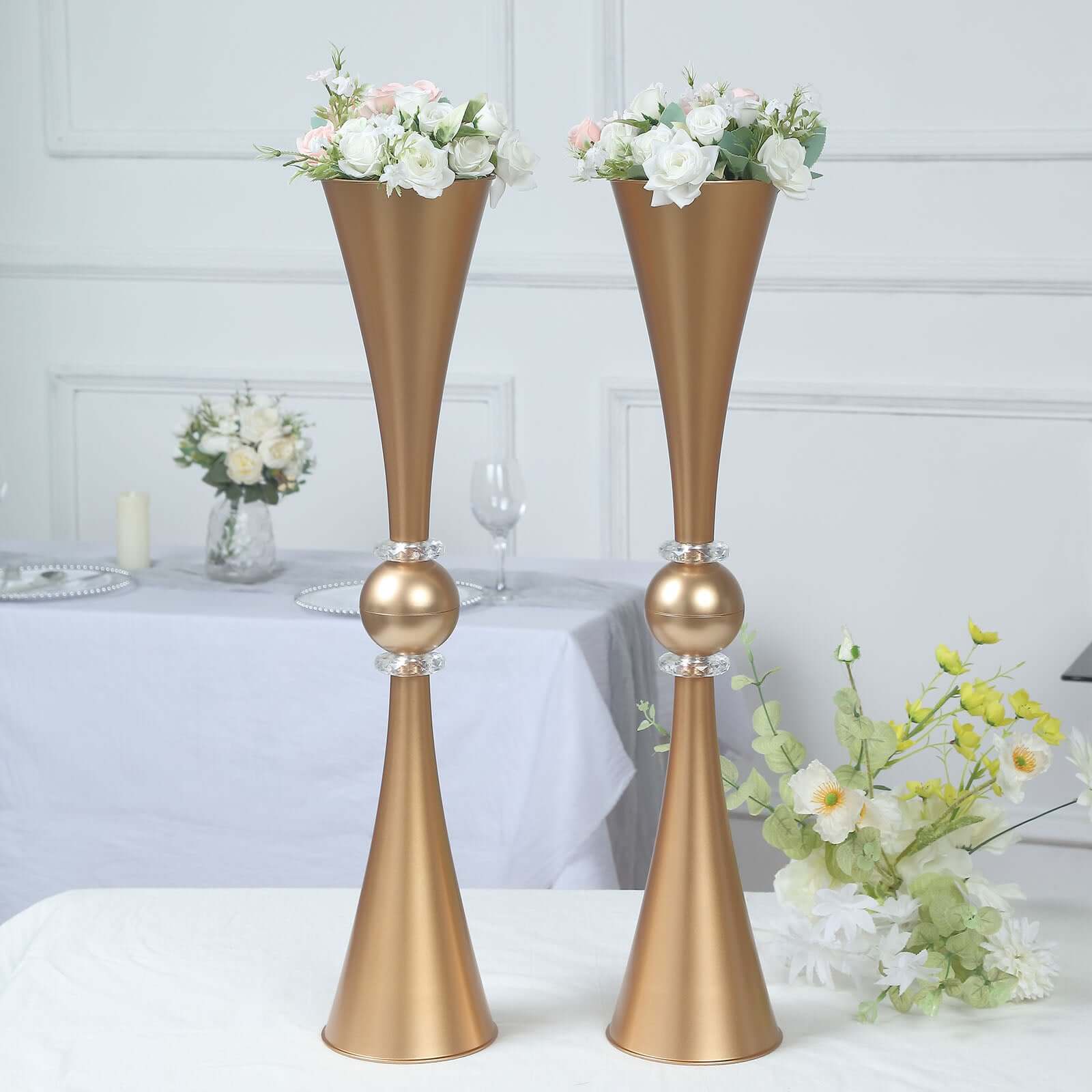2-Pack Flower Vases Trumpet Design with Crystal Embellishments Gold - Reversible Plastic Centerpieces for Events 27"