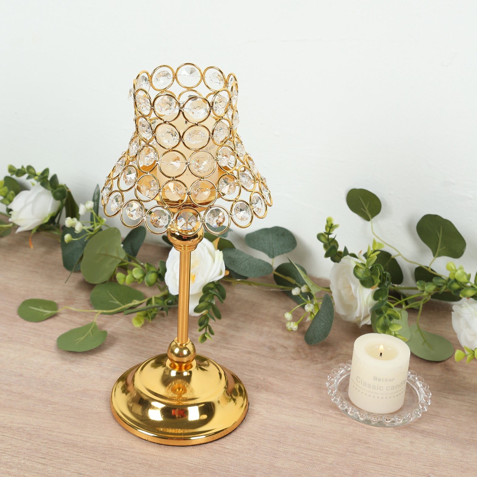 2 Pack Crystal Beaded Candle Holders – 12" Tall Gold Metal Centerpieces with Lamp-Inspired Shade for Tables & Events