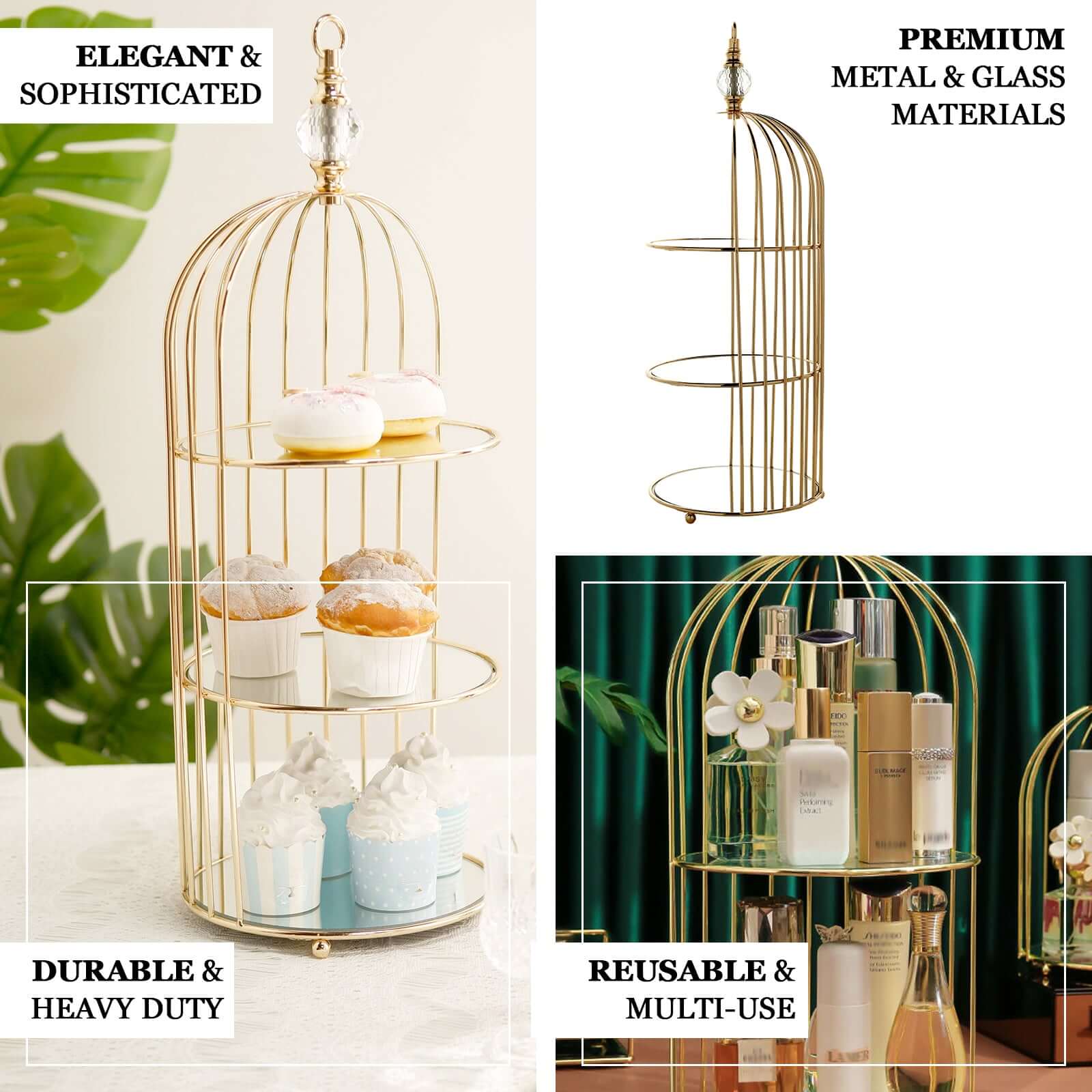 3-Tier Cupcake Cake Stand Bird Cage Design with Crystal Top Mirror Base - Serving Tray with Hanging Option 22"