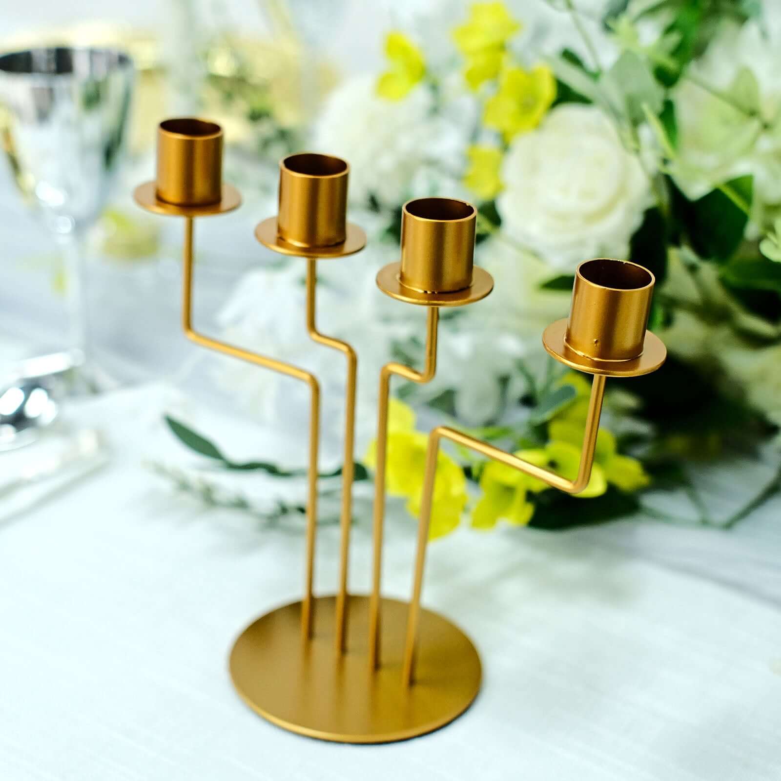 2-Pack Geometric Taper Candelabra 4 Arm Design Gold Metal Decorative Centerpiece - Perfect for Events 8"