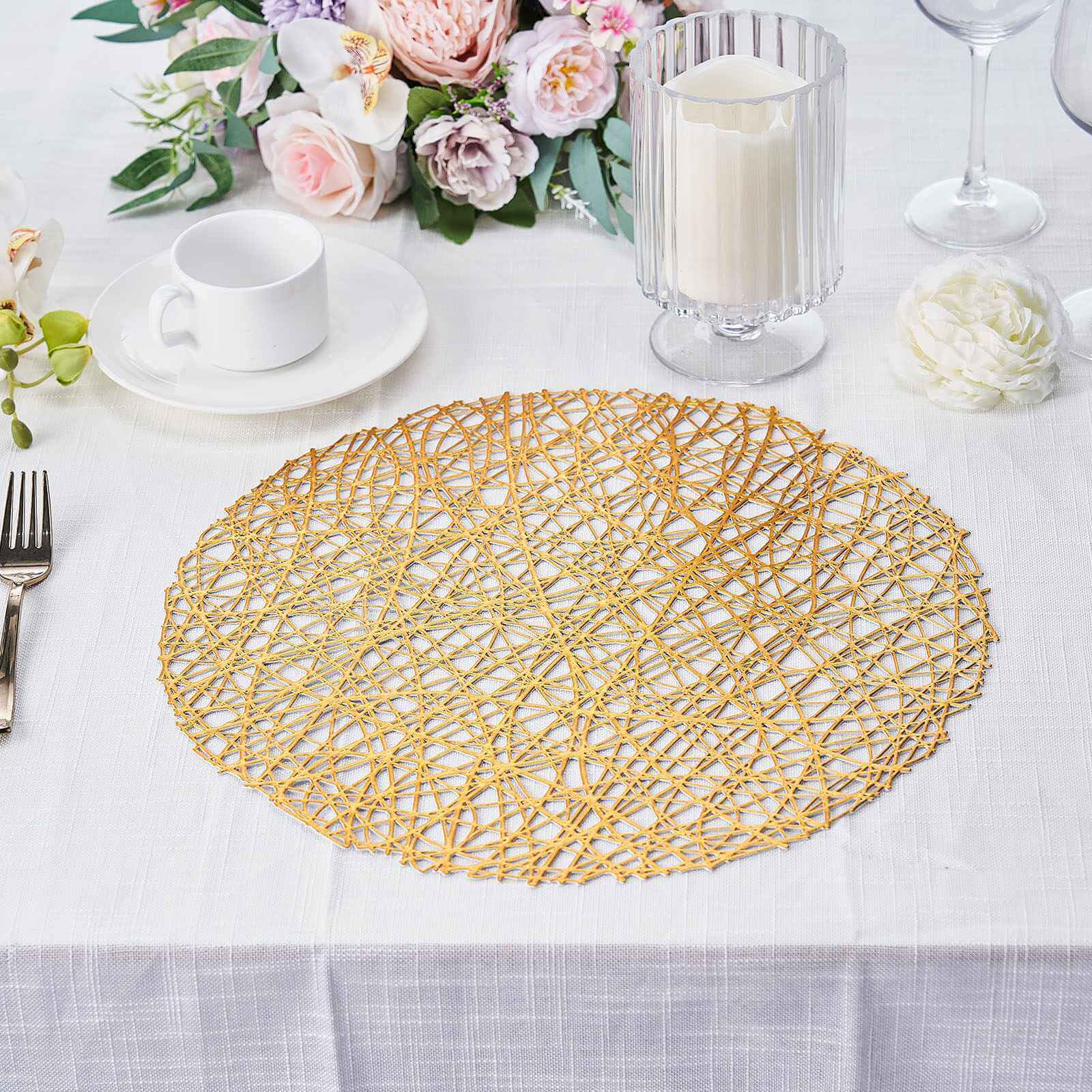 6-Pack Vinyl Placemats Gold Woven Design - Durable Non-Slip Round Table Mats for Dining 15"