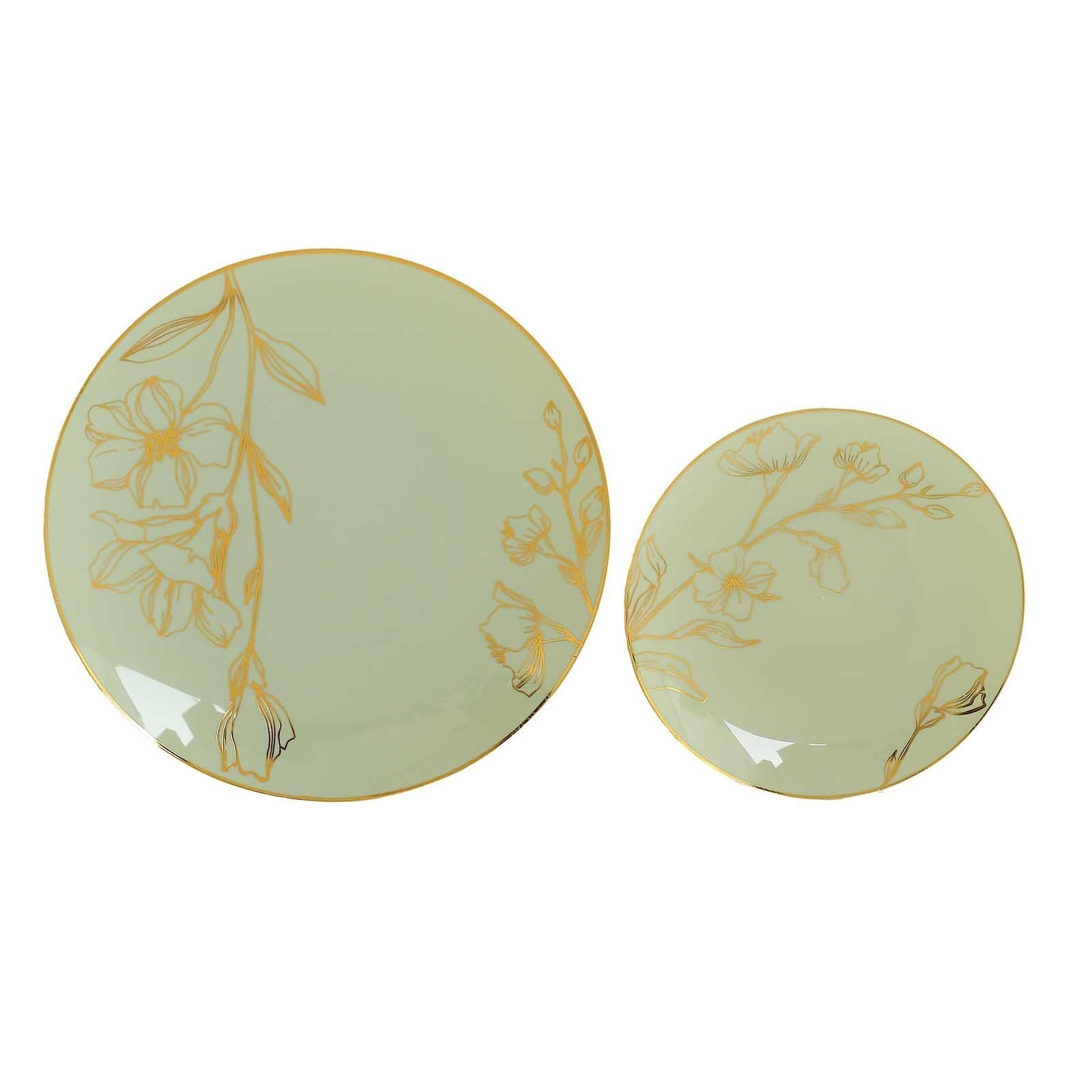 Set of 20 Plastic Round Dinner and Dessert Plates in Sage Green with Metallic Gold Floral Design - Stylish Disposable Dinnerware 8", 10"