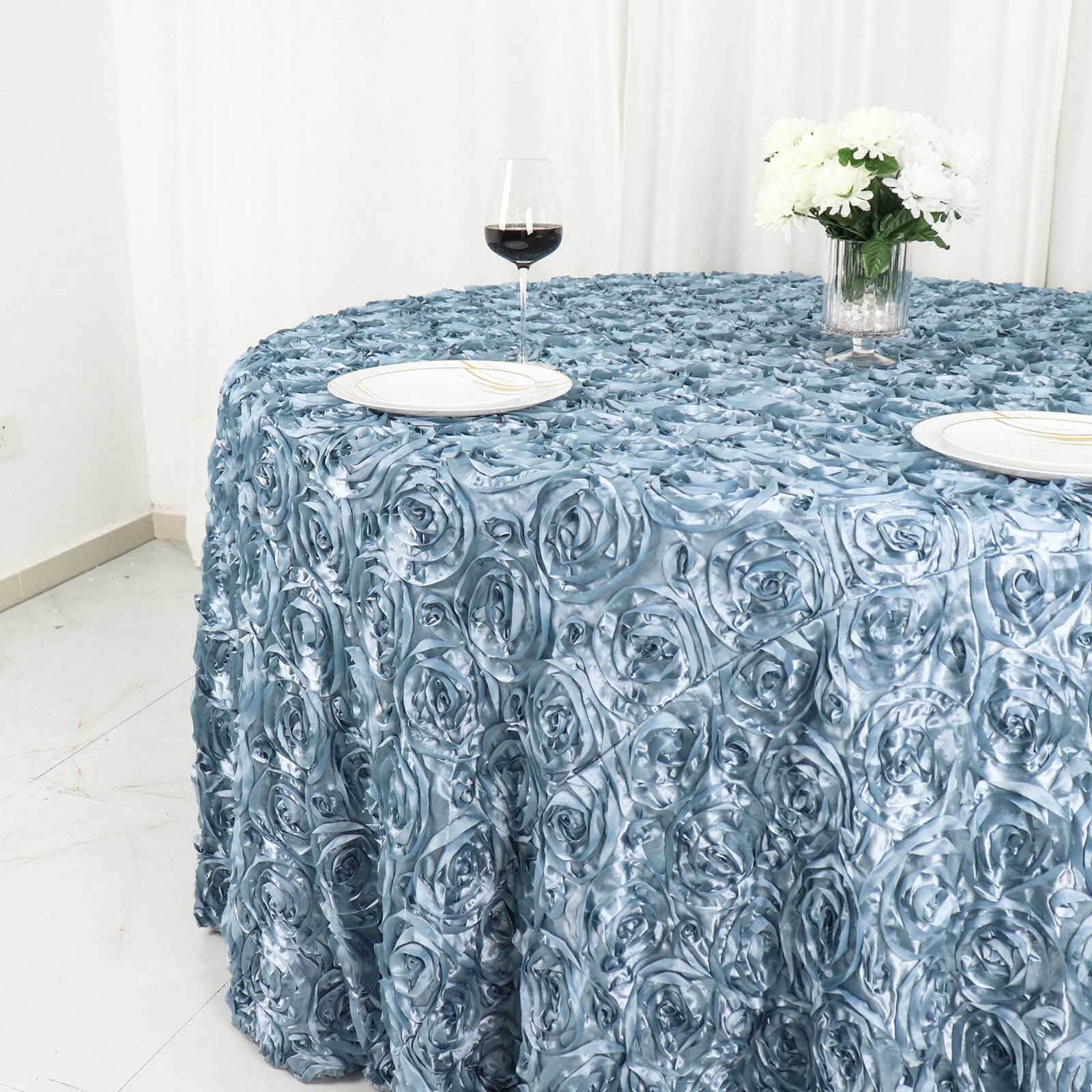 Satin 120" Round Tablecloth Dusty Blue - Grandiose 3D Rosette with Seamless Finish Table Cover
