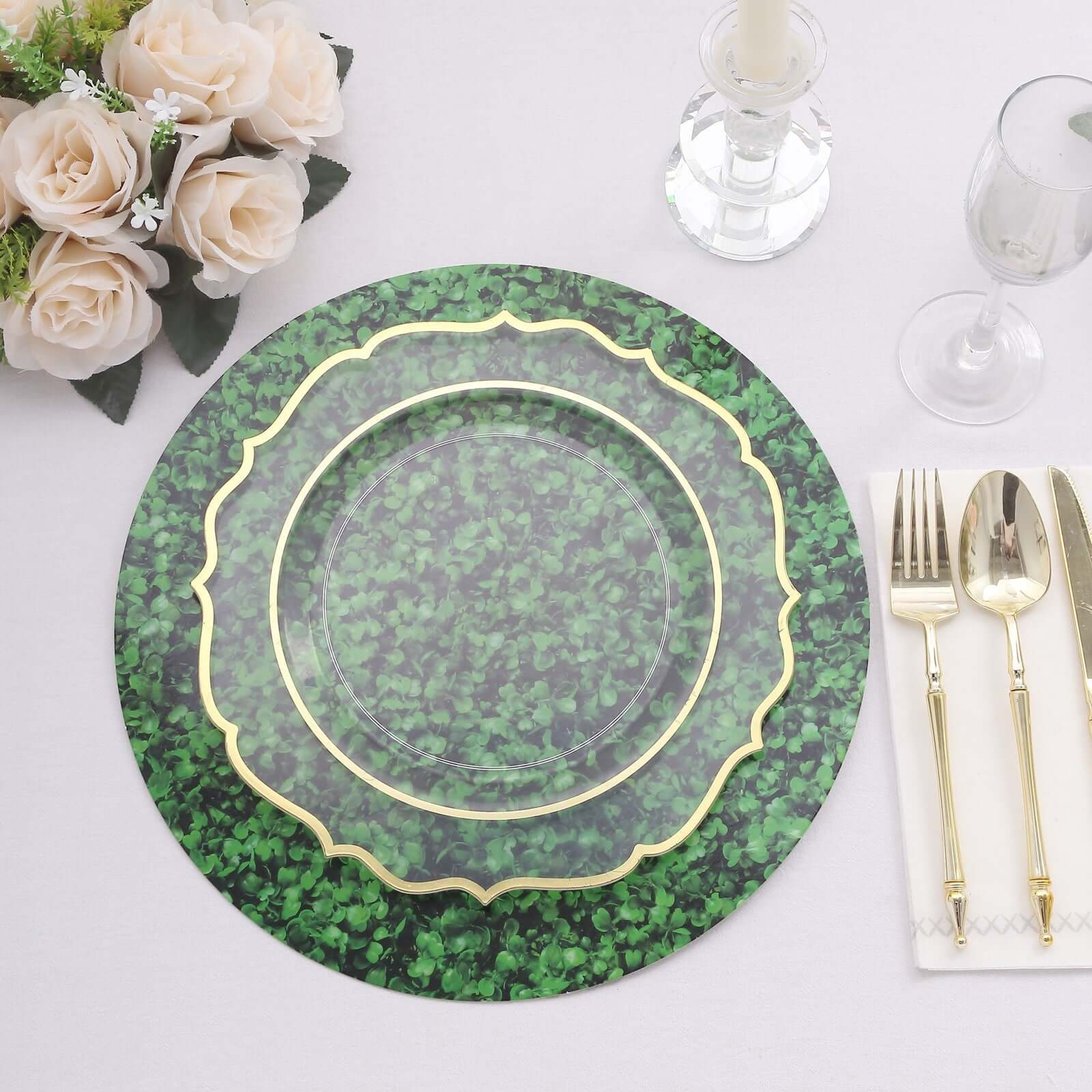 6-Pack Disposable Table Placemats in Green Boxwood Leaf Print - 700GSM Cardboard Placemats for Forest & Garden Theme Party Decor 13"