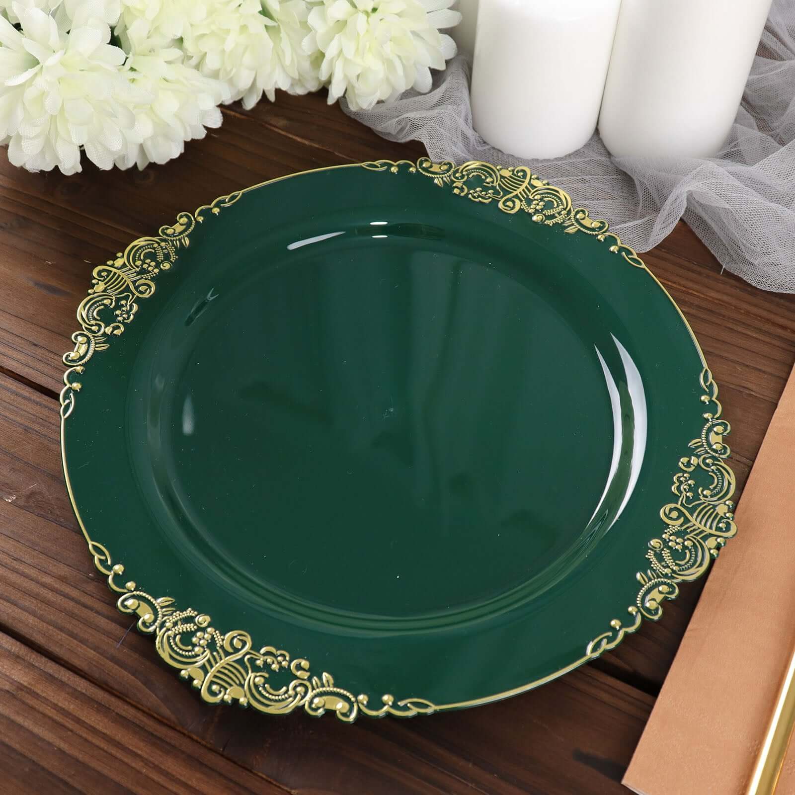 10-Pack Plastic 10" Round Dinner Plates in Hunter Emerald Green with Gold Leaf Embossed Rim - Disposable Vintage Baroque Style Plates