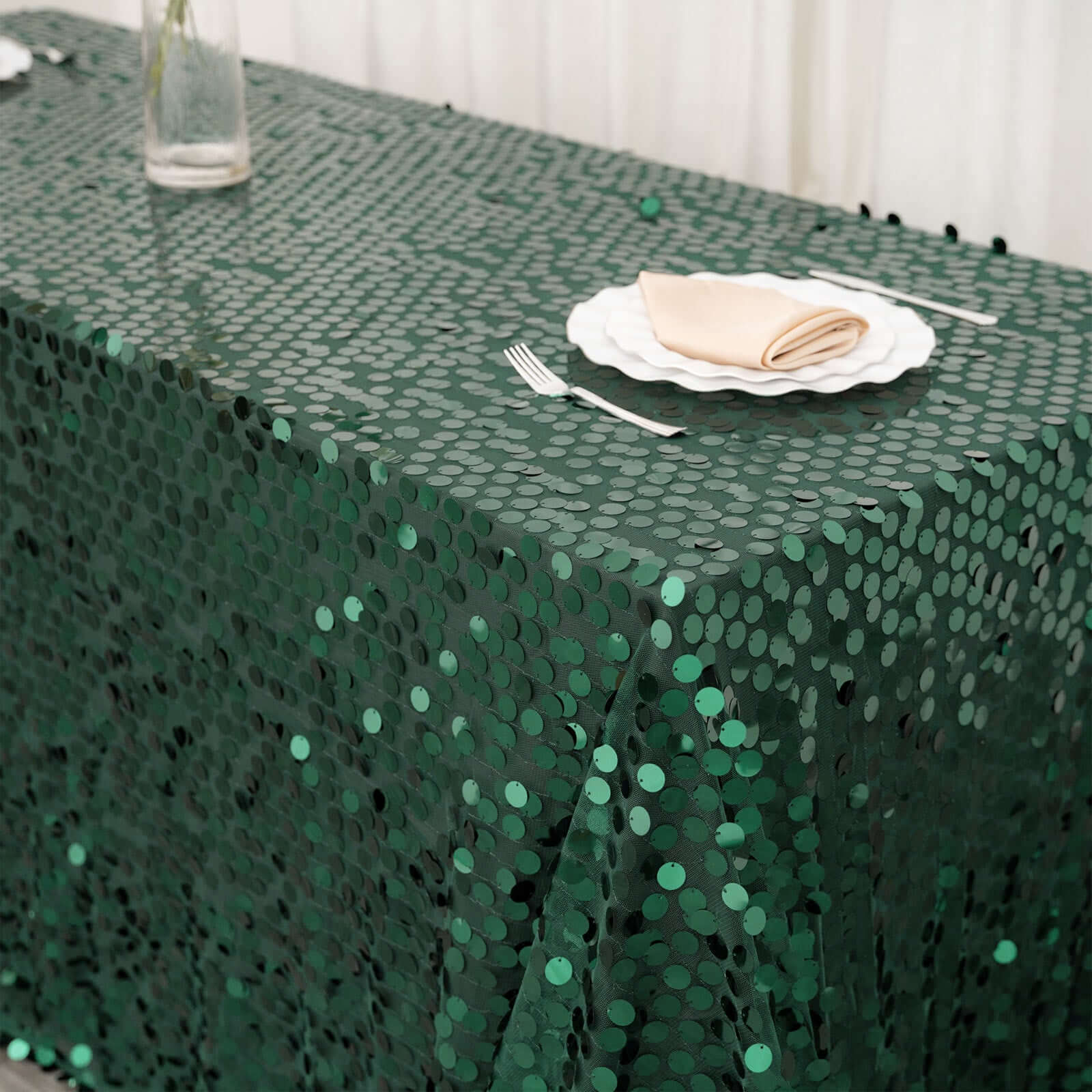 Sequin 90"x132" Rectangle Tablecloth Hunter Emerald Green - Seamless Big Payette Table Cover