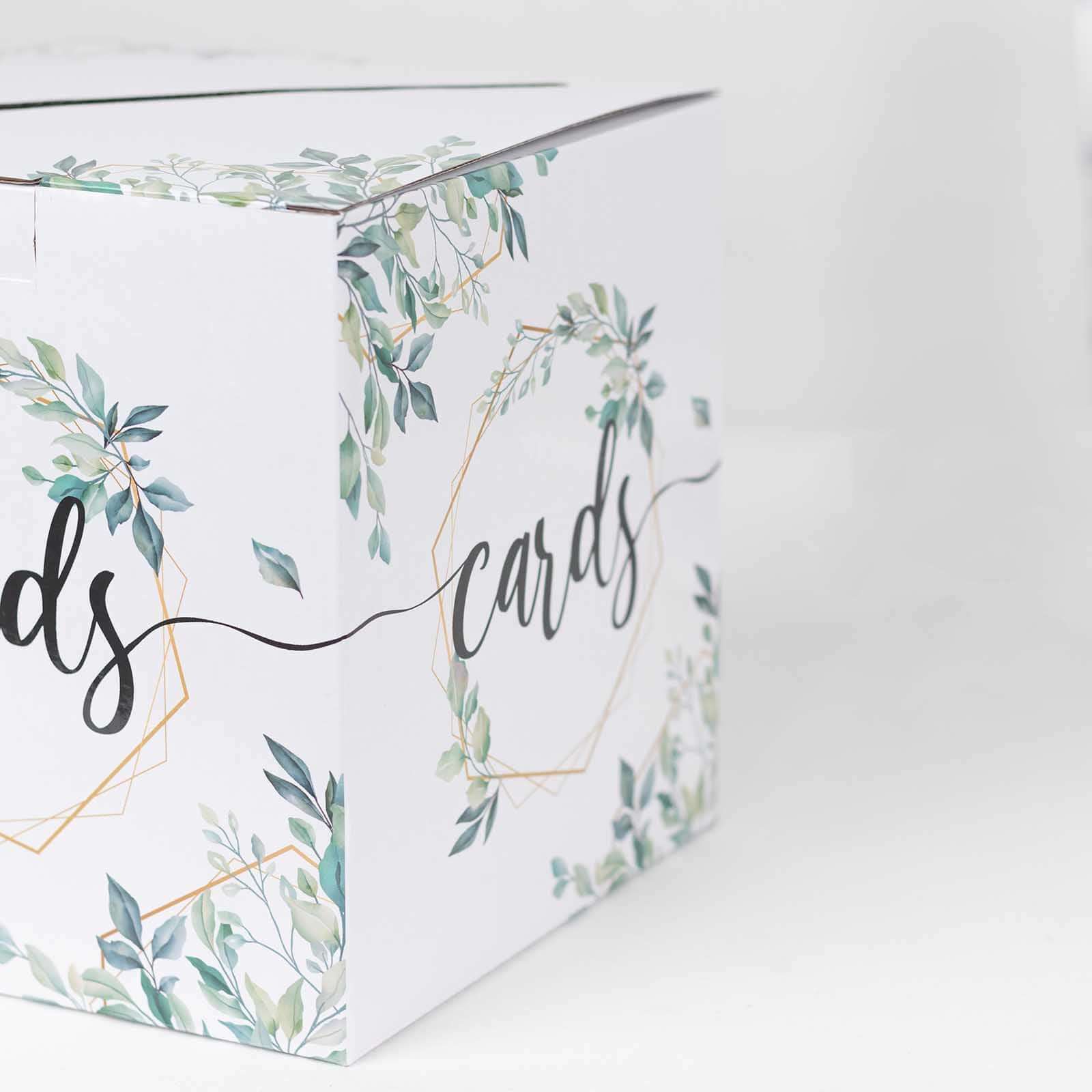 Greenery Theme Wedding Reception Gift Card Box with Geometric Gold Foil Print, Collapsible Money Card Box - 8"x8"