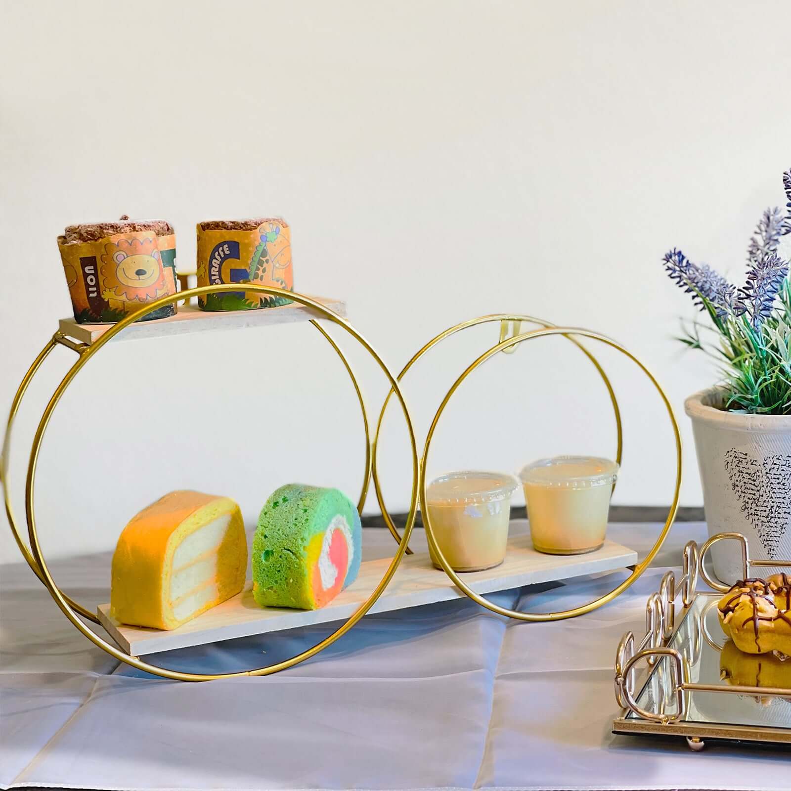 10"x18" 2-Tier Round Floating Shelf, Dessert Display Stand, Hanging Wall Shelf Gold With Double Hoop Design