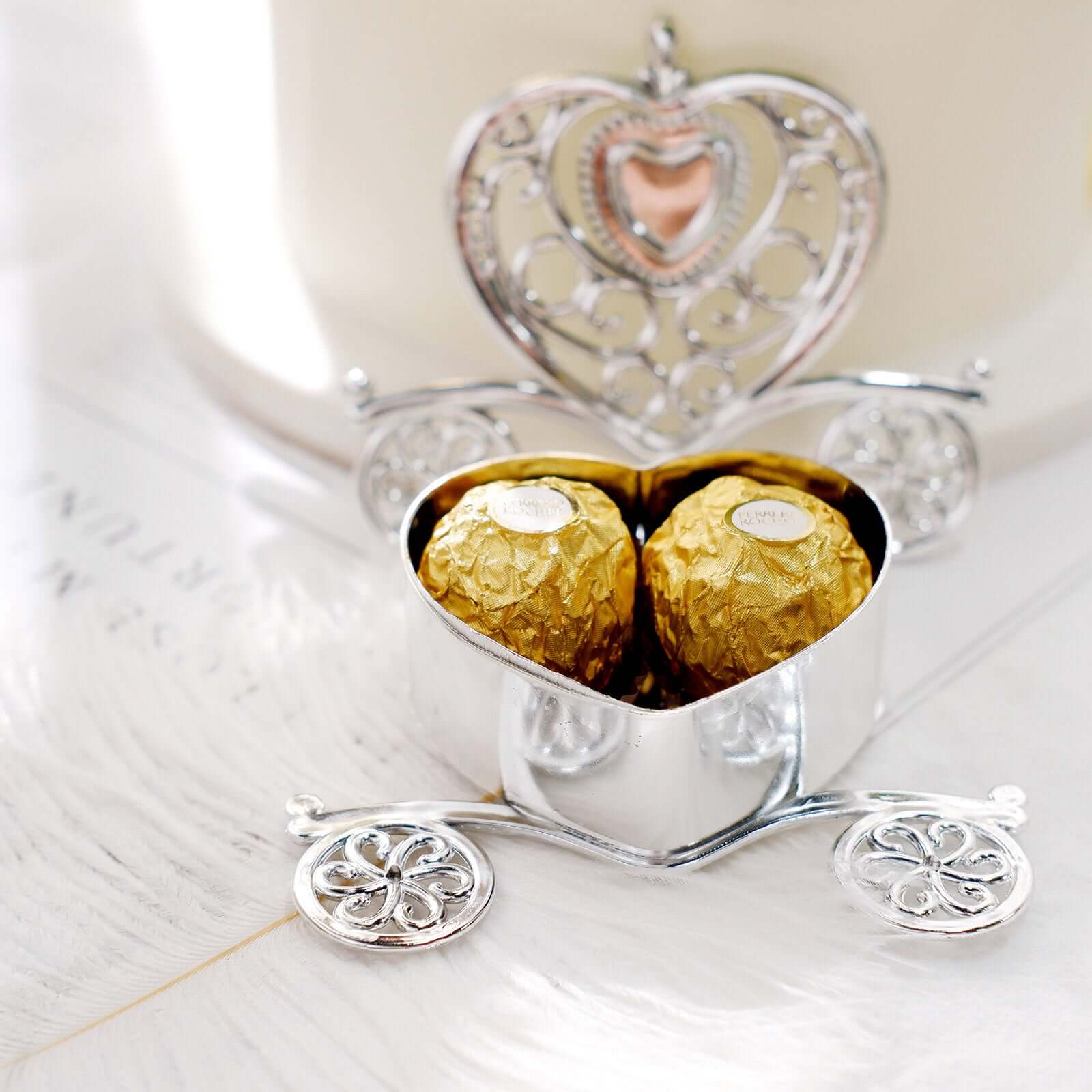 12-Pack Heart Carriage Candy Container Gift Boxes Silver Princess - Stylish Favor Boxes for Special Occasions 4"