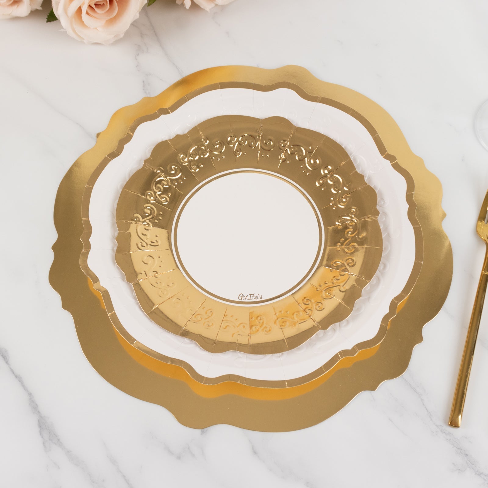 75 Pcs Paper Charger Plates with Gold Embossed Scalloped Rim White - Heavy Duty Disposable Dinner and Salad Plates 8",10",13"