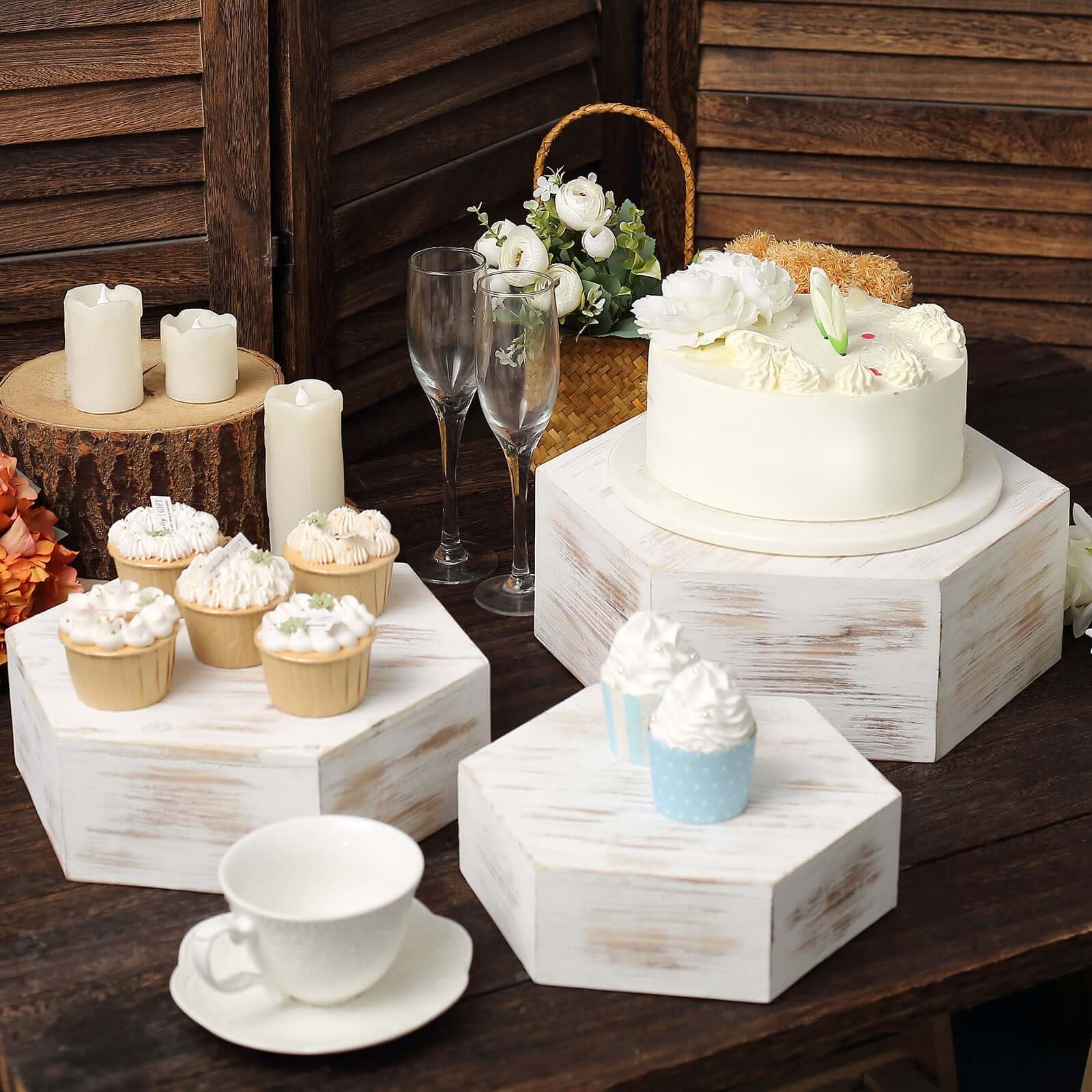 Set of 3 Wooden Dessert Display Boxes Whitewashed Hexagonal Design - Stackable Riser Cake Stand 9", 11", 13"