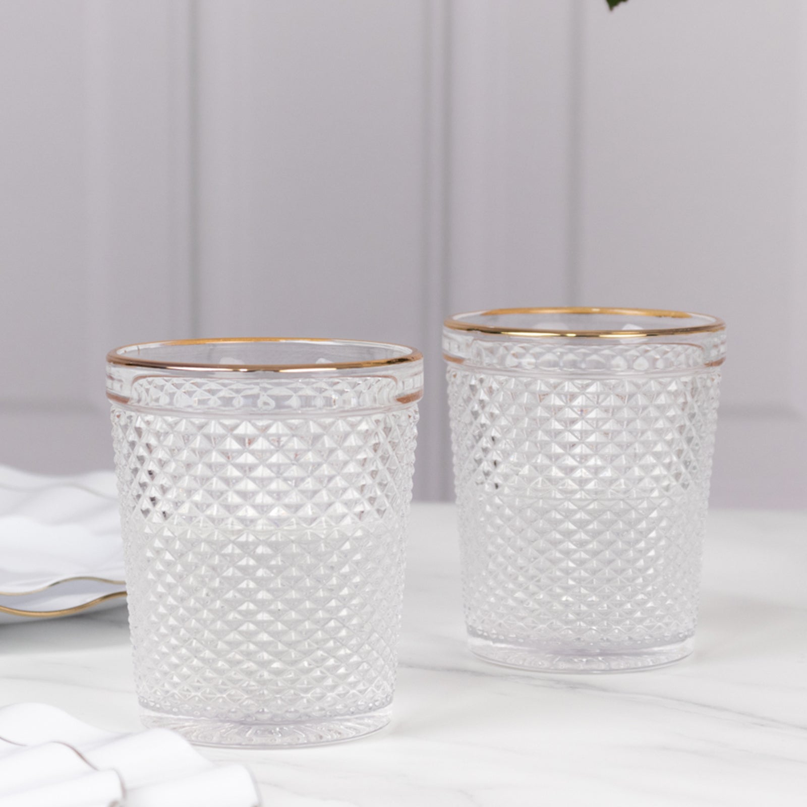 6-Pack Tumbler Glasses Clear Hobnail Design with Gold Rim - Embossed Diamond Pattern Glassware for Drinks & Parties 11oz 4"