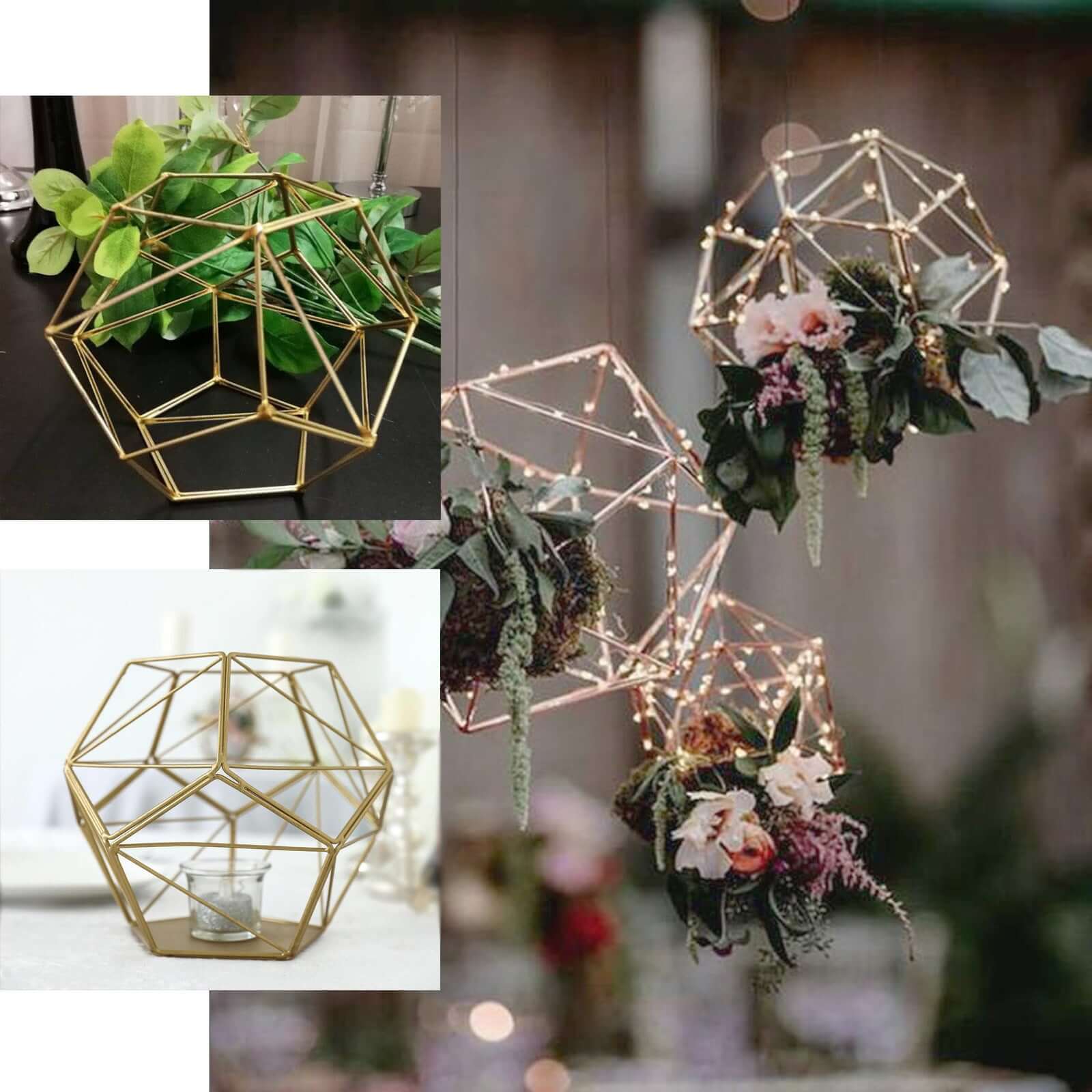 Tealight Candle Holder Rose Gold Metal Pentagon Prism Geometric Open Frame - Flower Stand 7"
