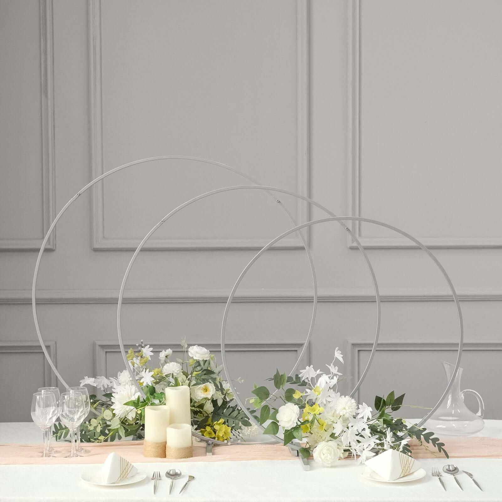 Round Wedding Hoop Table Centerpiece Metal Silver - Self-Standing Floral Wreath Frame for Events 36"