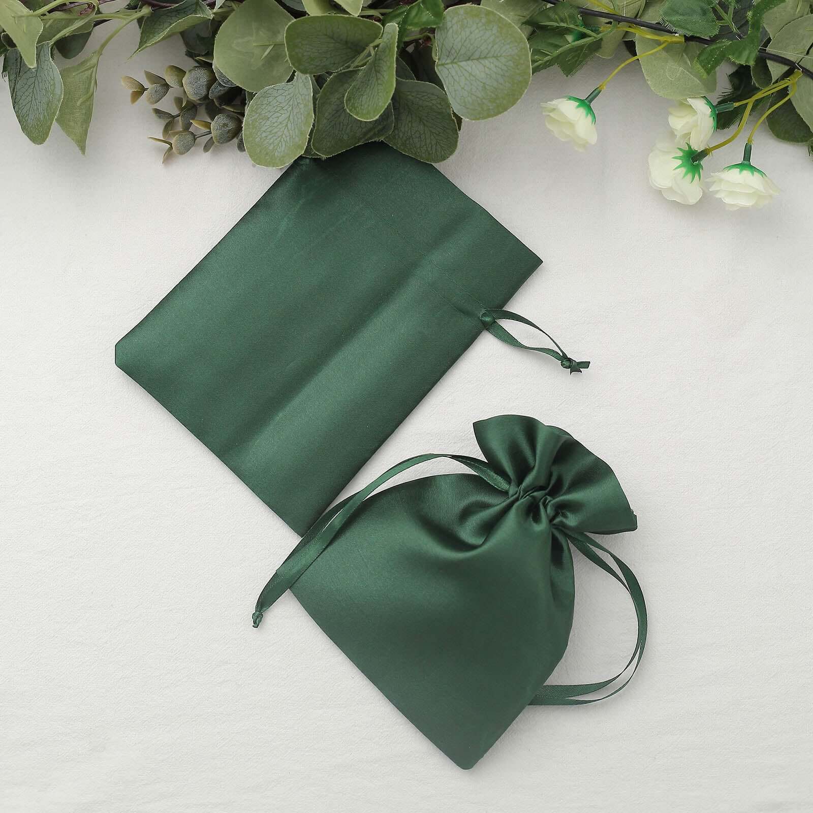 12 Pack 5"x7" Hunter Emerald Green Satin Wedding Party Favor Bags, Drawstring Pouch Gift Bags