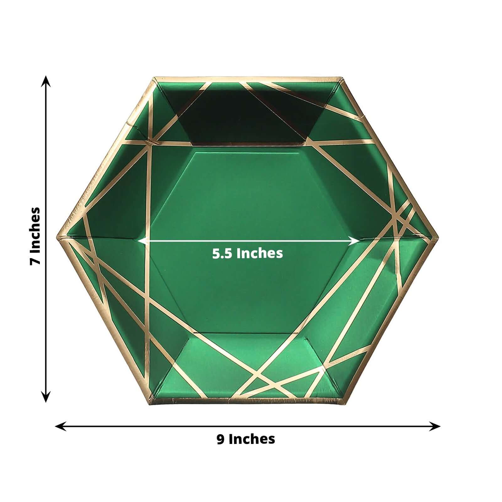25-Pack Paper 7" Hexagon Dessert Plates in Hunter Emerald Green with Gold Geometric Lines & Rim - Stylish Disposable Geometric 300GSM Appetizer Salad Plates