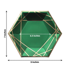 25-Pack Paper 7" Hexagon Dessert Plates in Hunter Emerald Green with Gold Geometric Lines & Rim - Stylish Disposable Geometric 300GSM Appetizer Salad Plates