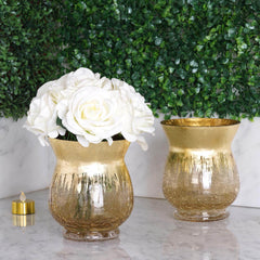 2-Pack Glass Hurricane Vases Bell Shaped Crackle Gold Curvy Design - Decorative Candle Holder Centerpieces 6"
