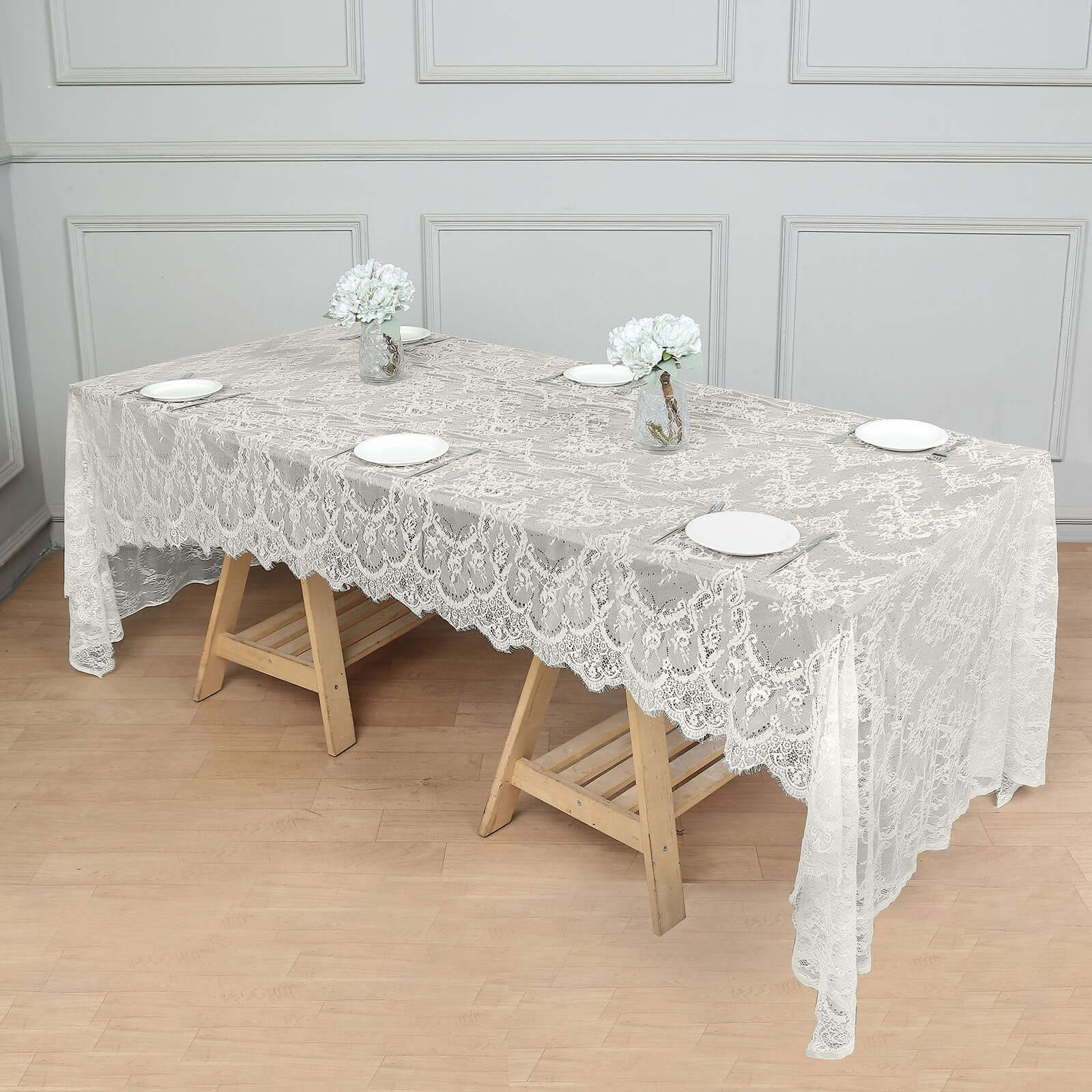 Lace 60"x120" Rectangle Tablecloth Ivory - Vintage Lace Design with Scalloped Frill Edges