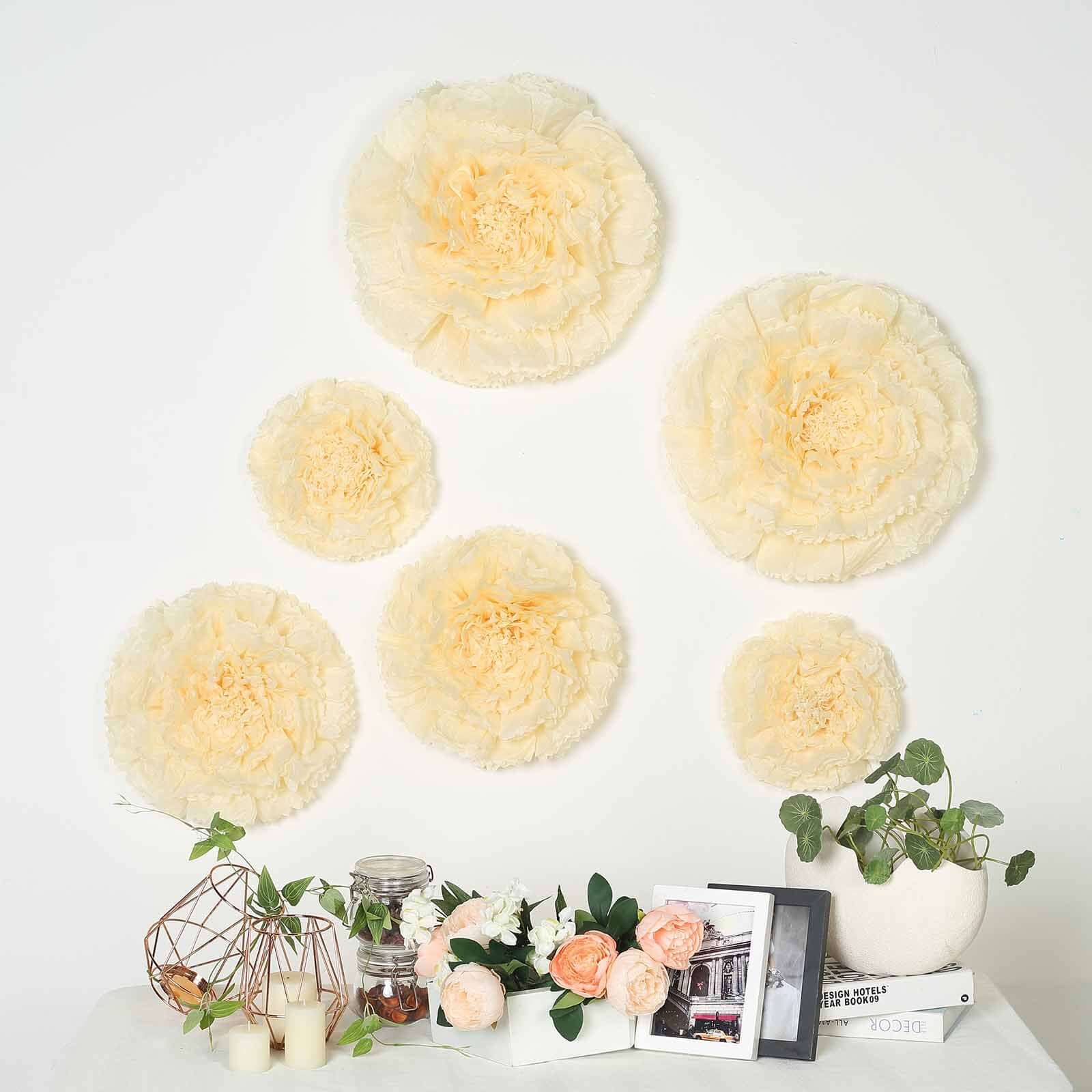 Set of 6 Ivory Cream Carnation 3D Paper Flowers Wall Decor - 7",9",11"