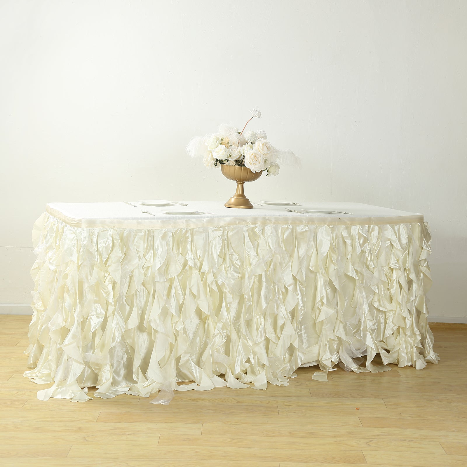 Taffeta 17ft Table Skirt Ivory - Cascading Curly Willow Style Table Cover