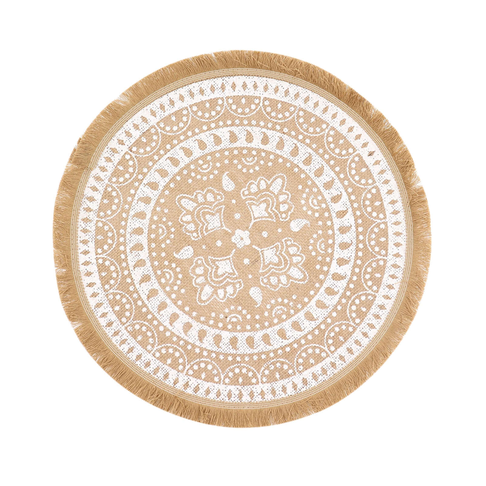 4-Pack Placemats Fringe Print Design Natural Jute and White Round - Rustic Burlap Woven Style 15"