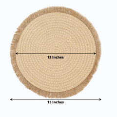 4-Pack Placemats Fringed Edge Design Natural Rustic Burlap Jute Round - Farmhouse Style Table Mats with Trim 15"