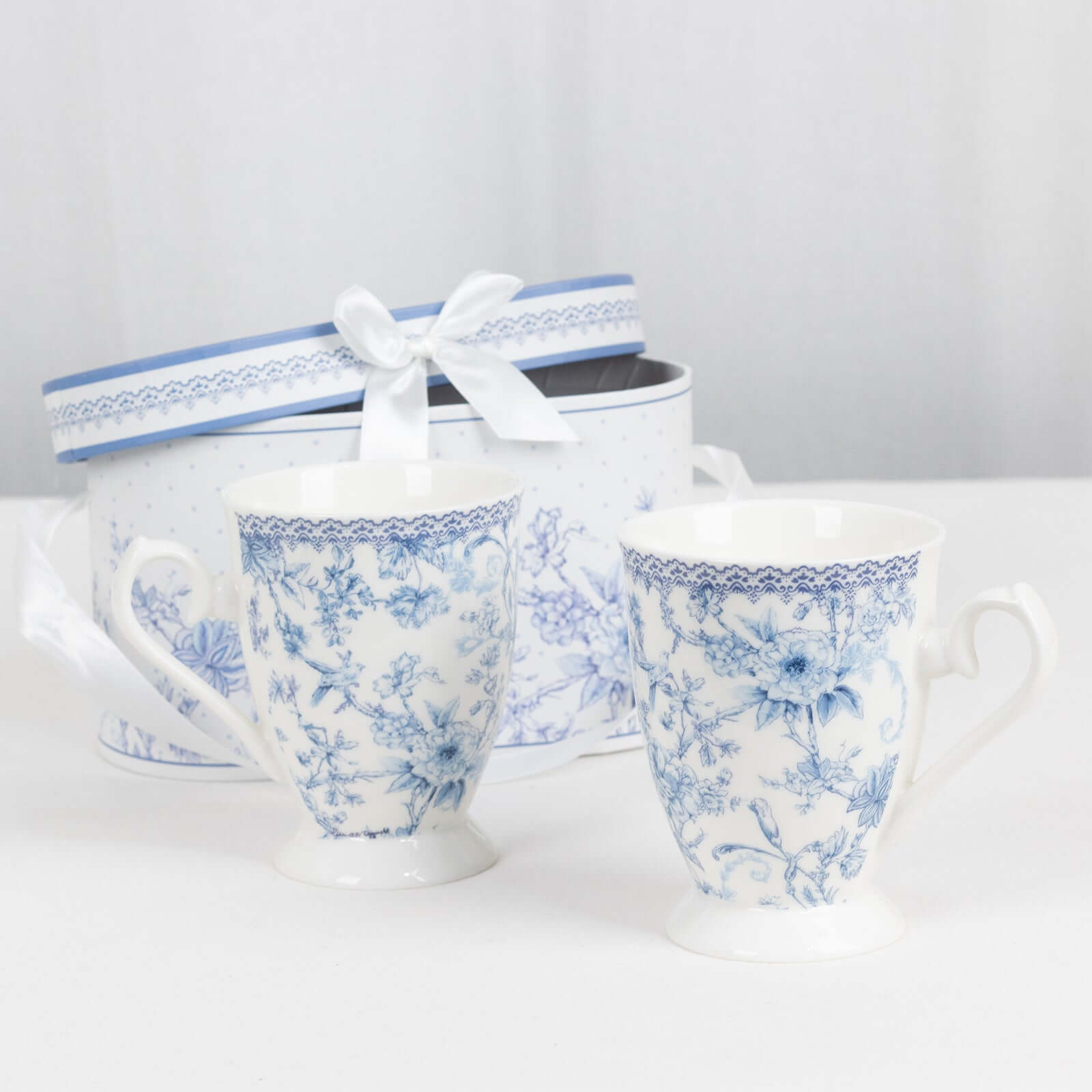 White Blue French Toile Bridal Shower Gift Set, 2 Pack Porcelain Tea Cups With Matching Keepsake Gift Box and Satin Ribbon Handle