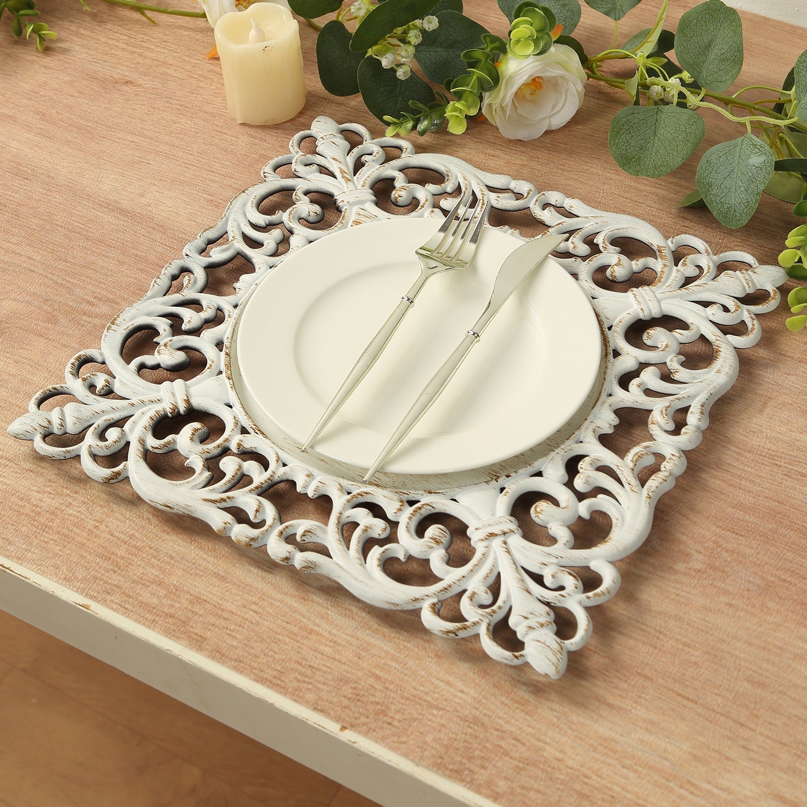 6-Pack Acrylic Square Charger Plates 12" Antique White with Hollow Lace Border, Event Tabletop Decorative Charger Tableware