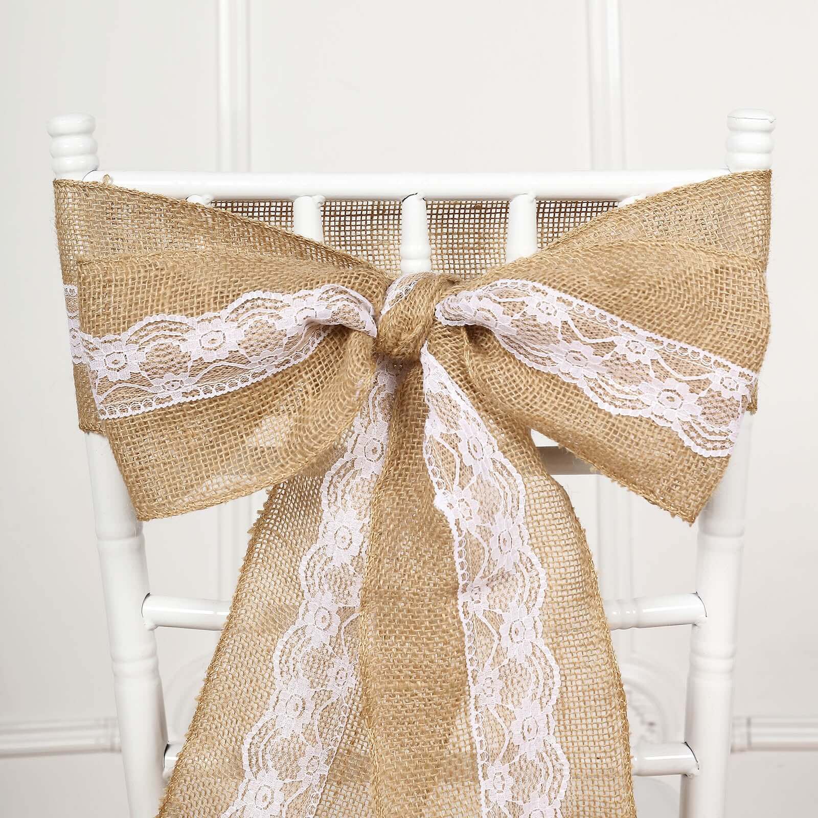 Natural Burlap Chair Sash 5"x108" with Lace Hessian Jute - Rustic Bow Design for Weddings & Gatherings