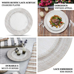 6-Pack Acrylic Round Charger Plates 13" in Gold with Lace Embossed Rim, Rustic Plastic Decorative Charger Tableware