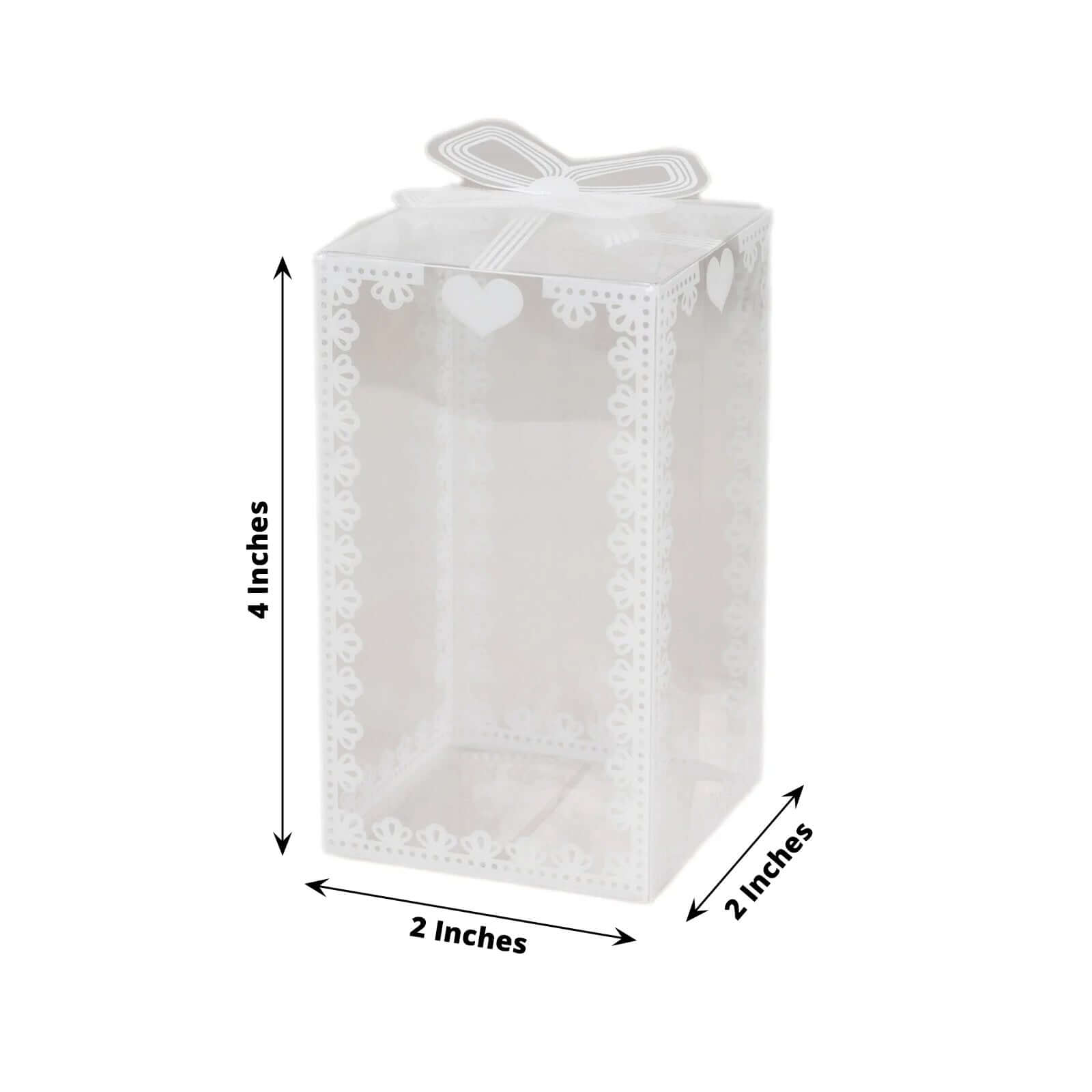 25 Pack Clear Rectangle Candy Gift Boxes With Bowknot and White Lace Pattern, 4" Transparent Plastic Party Favor Boxes - 2"x2"x4"