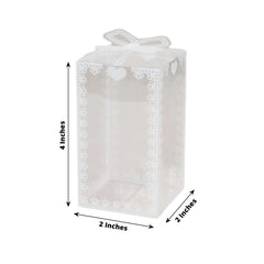 25 Pack Clear Rectangle Candy Gift Boxes With Bowknot and White Lace Pattern, 4" Transparent Plastic Party Favor Boxes - 2"x2"x4"