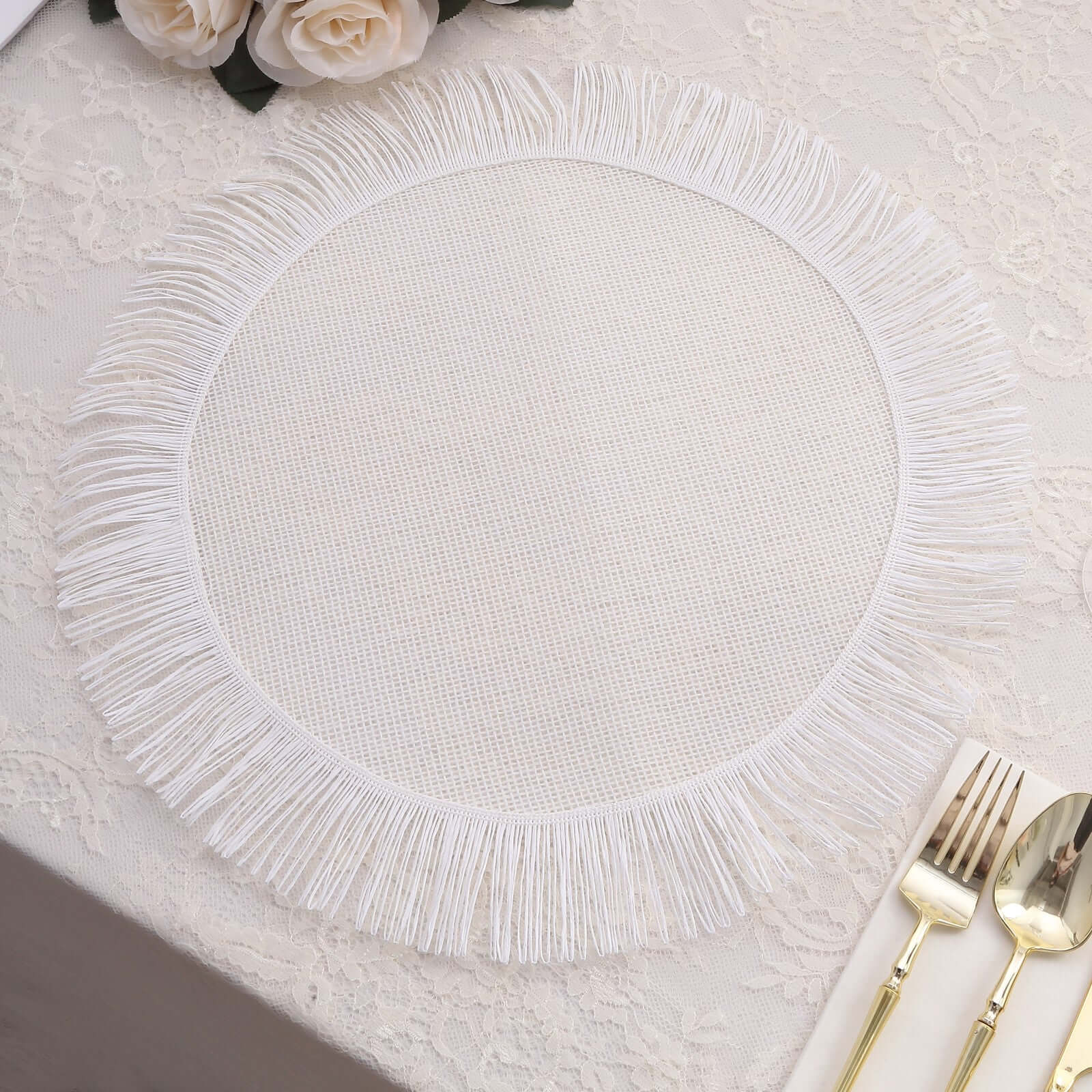 4-Pack Placemats Fringe Edge Design White Jute Round - Rustic Boho Chic Burlap Table Decor 16"