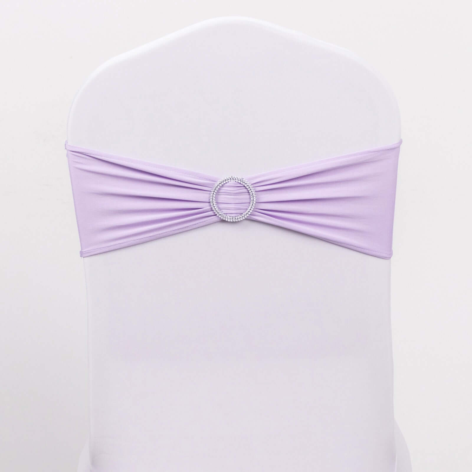 5 Pack Stretch Spandex Chair Sashes Lavender Lilac - Reusable Chair Bands with Silver Diamond Ring Slide Buckle 5"x14"