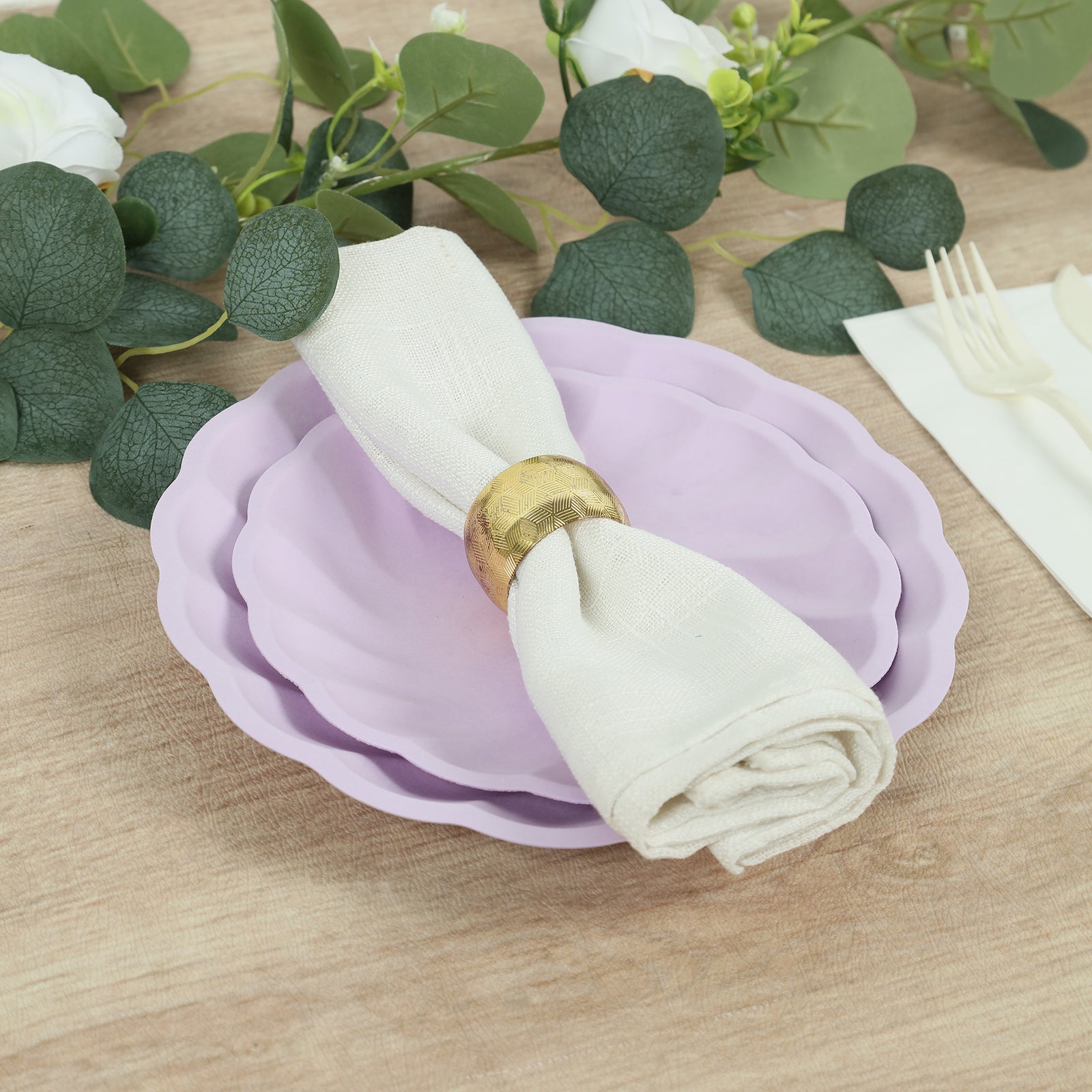 20 Pack Biodegradable Salad Plates in Lavender Lilac – 7" Swirl Scalloped Pastel Color Compostable Bamboo Dessert Plates, Elegant Disposable Tableware