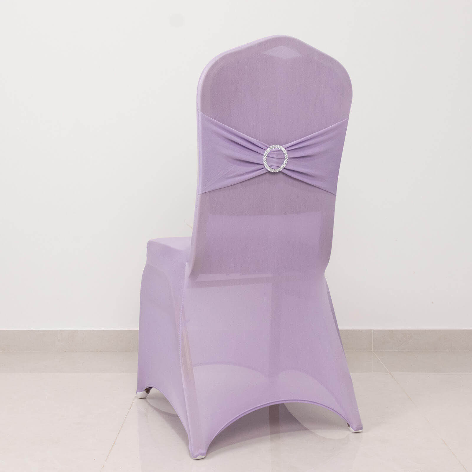 Spandex Chair Cover with Silver Rhinestone Buckled Sash Band Lavender Lilac - Stretch Fitted Slipcover