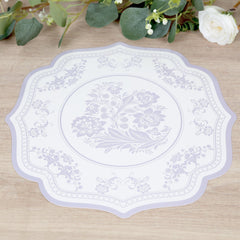 10-Pack Disposable Table Placemats 13" Round Placemats in White with Lavender Damask Floral Pattern & Scalloped Rim - 400GSM Cardboard Placemats for Stylish Table Setting